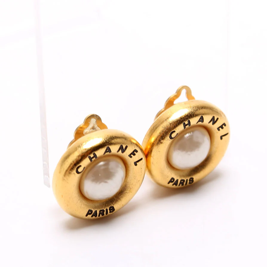 Chanel Paris Round Faux Pearl Clip-On Earrings Gold/Pearl - Image 2