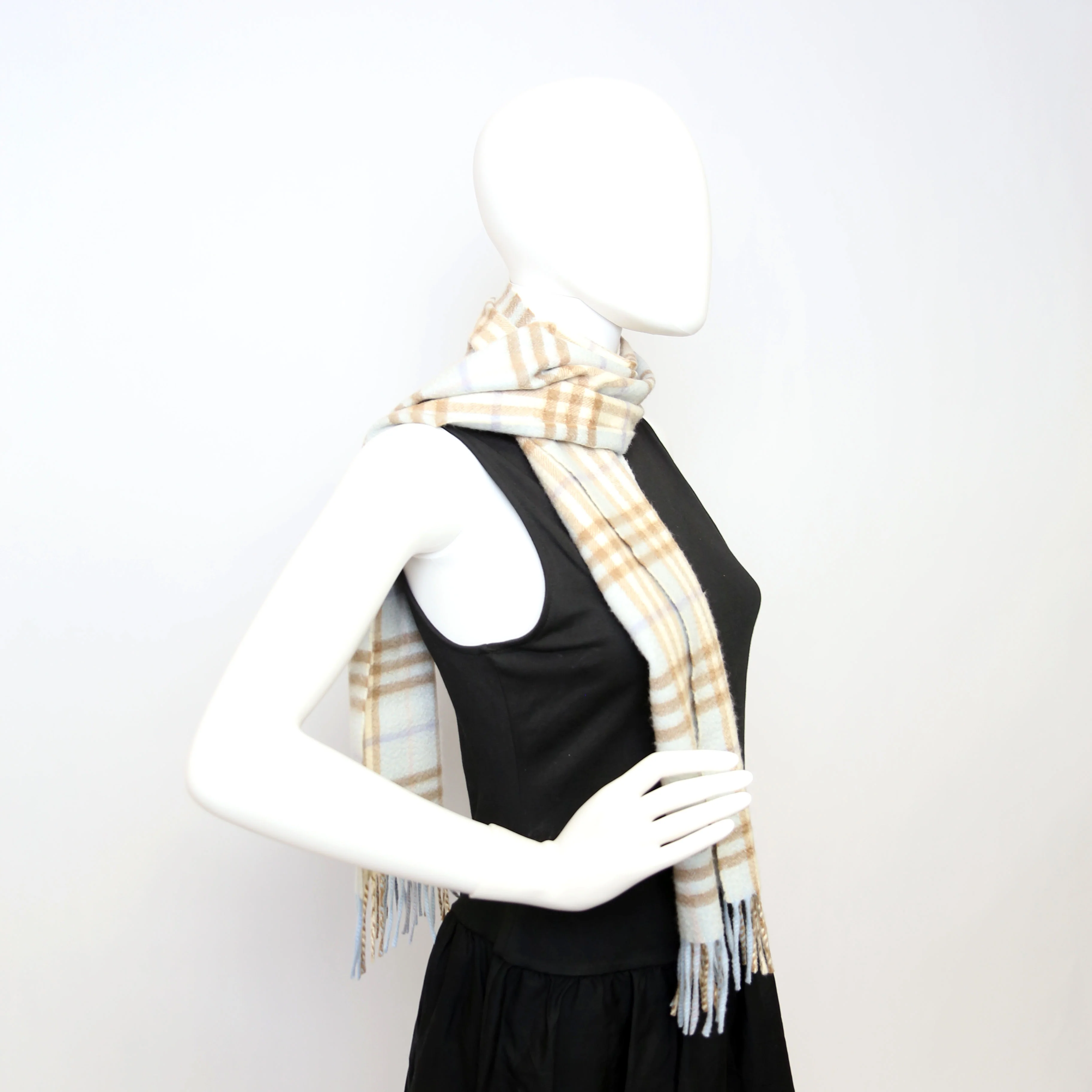 Check Fringe Cashmere Scarf Blue/Tan - Image 8