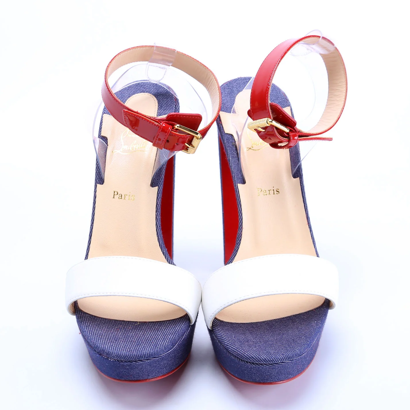 Cherry Sandal 140MM Denim/Patent Sandals Size 38 Red/White/Blue - Image 2