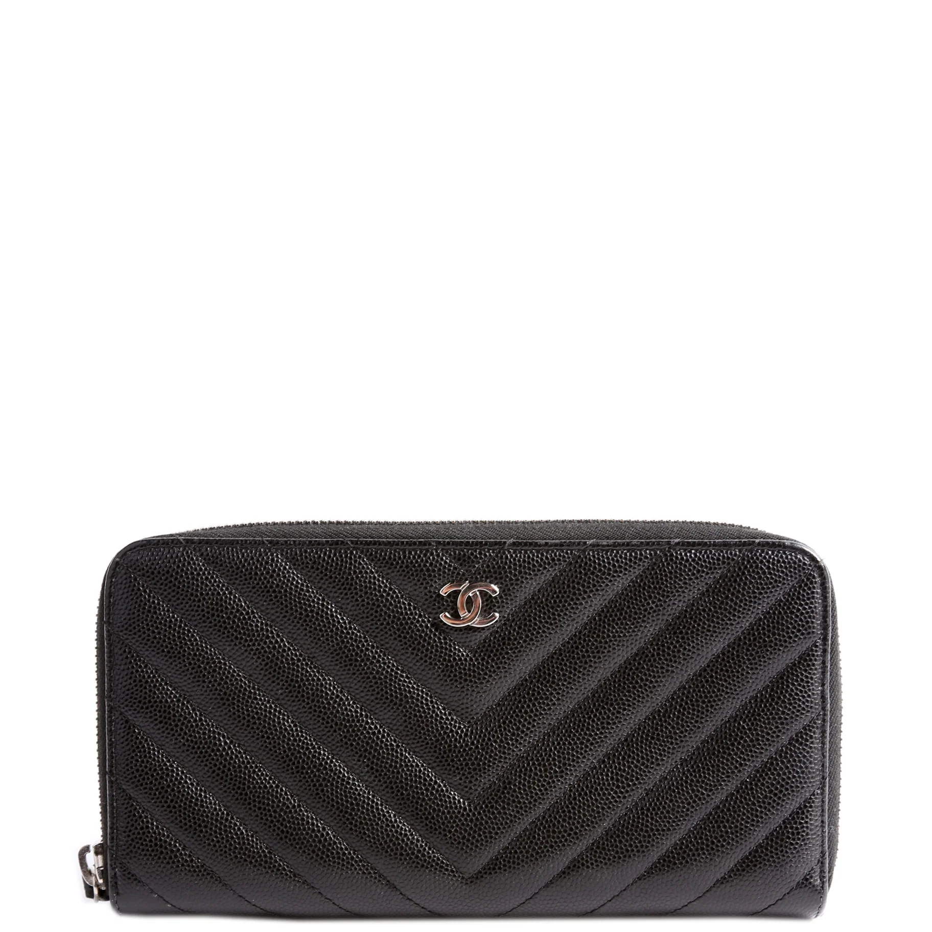 Chevron Caviar Large Gusset Zip Around Wallet 24M Black