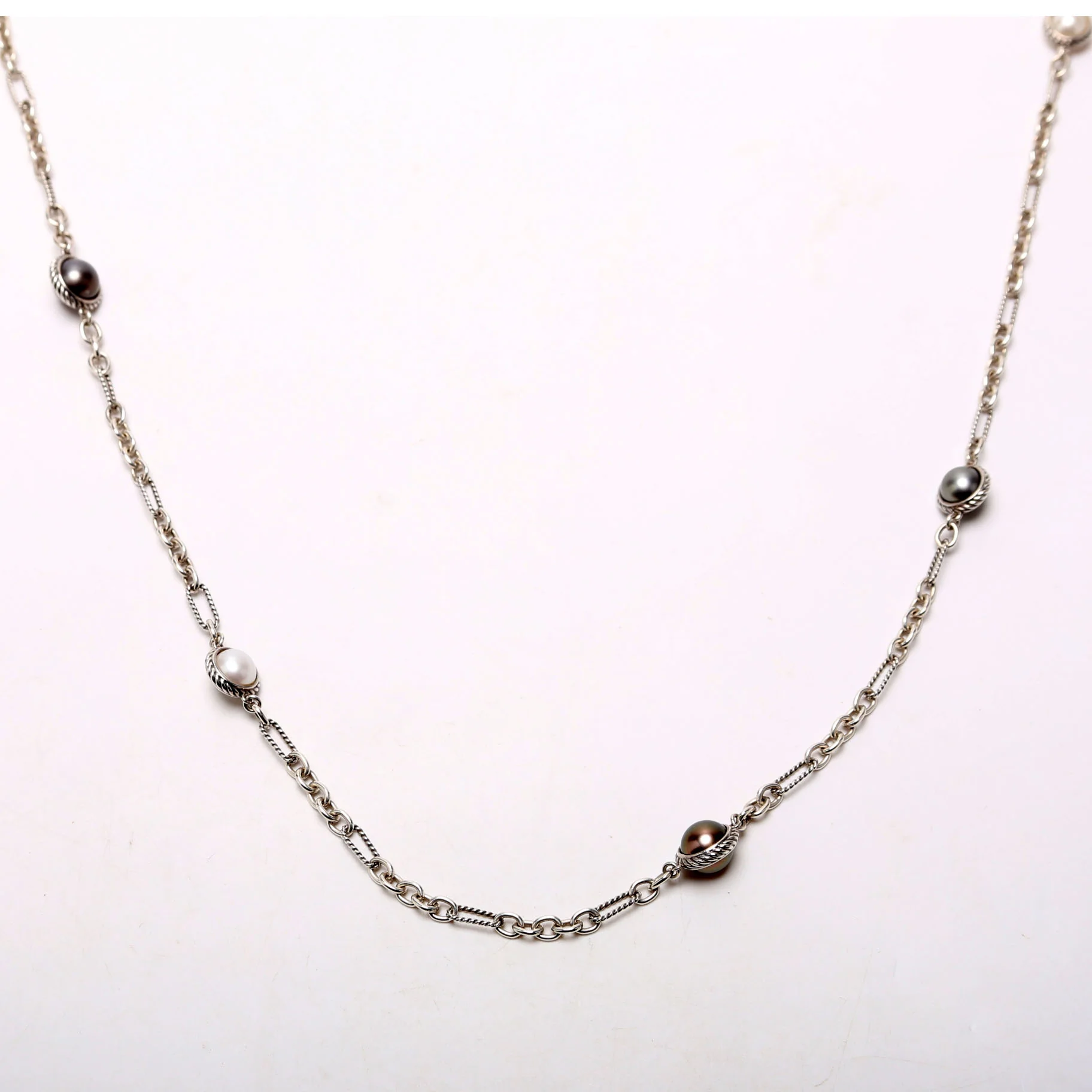 Classic Pearl Station Chain Long Necklace 925 Silver/Pearl - Image 2