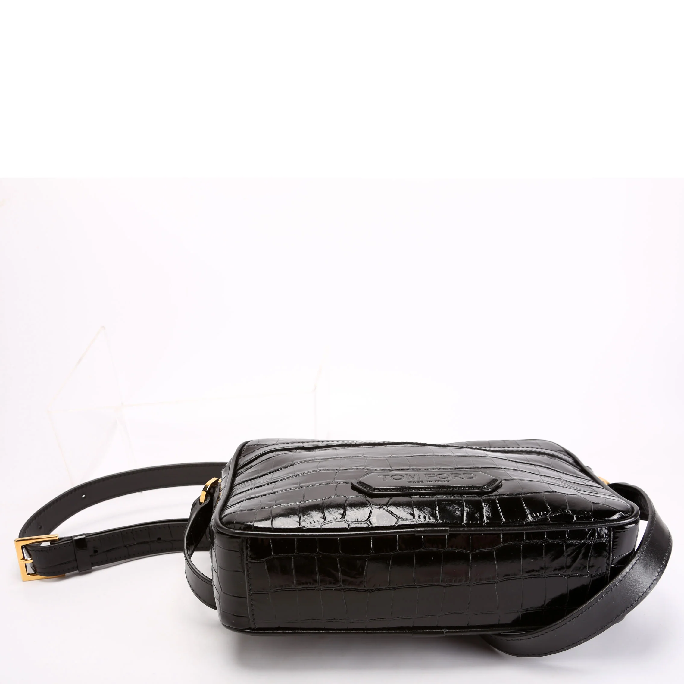 Crocodile Embossed Leather Small Messenger Bag Black - Image 4