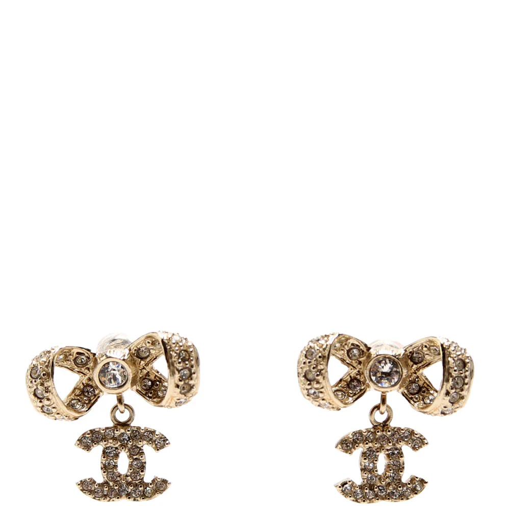 Crystal Bow CC Drop Earrings Gold