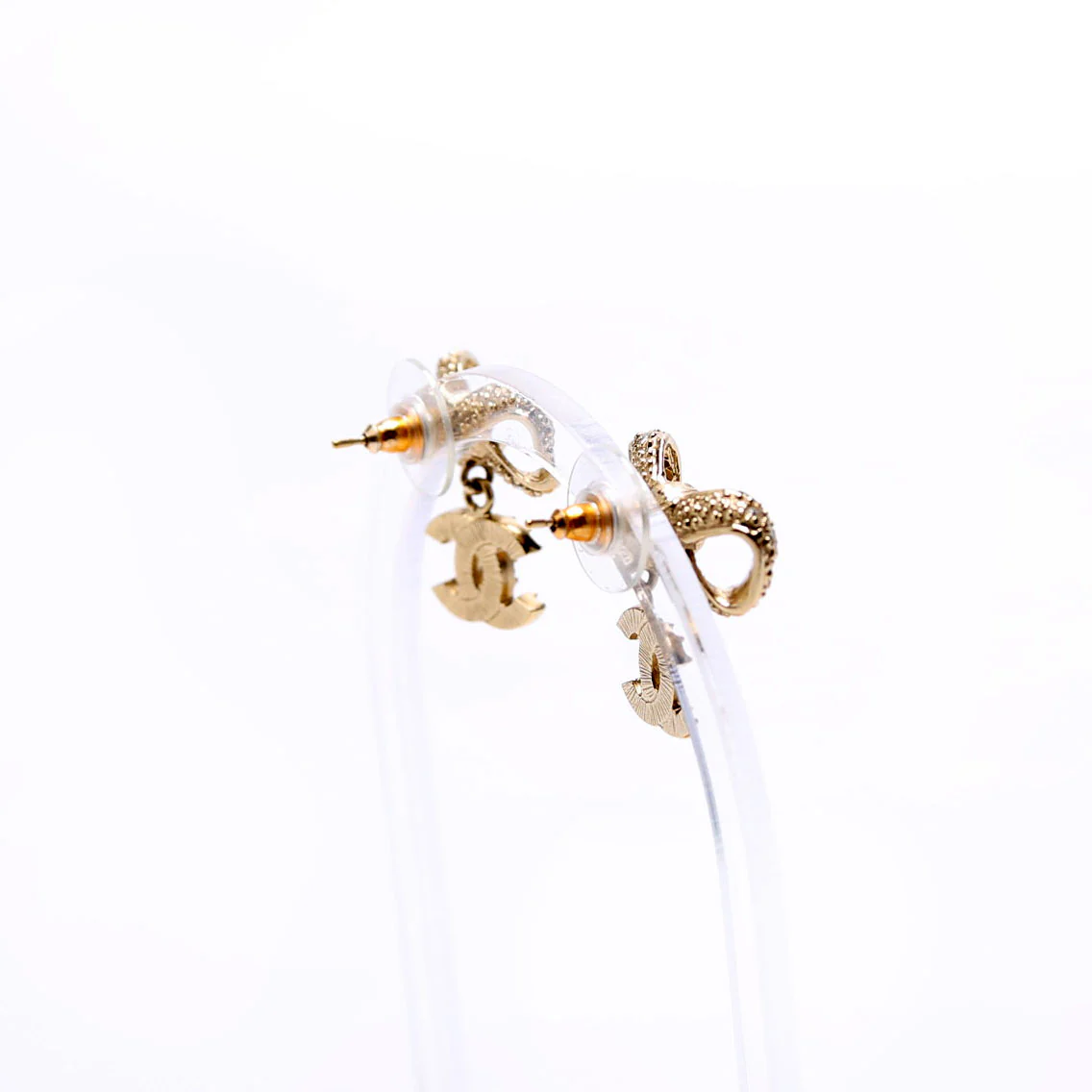 Crystal Bow CC Drop Earrings Gold - Image 4