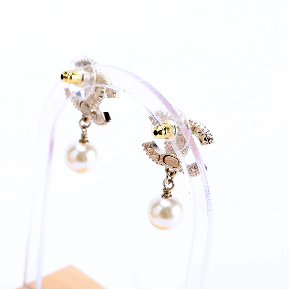 Crystal CC Pearl Drop Earrings Gold/Pearl - Image 3