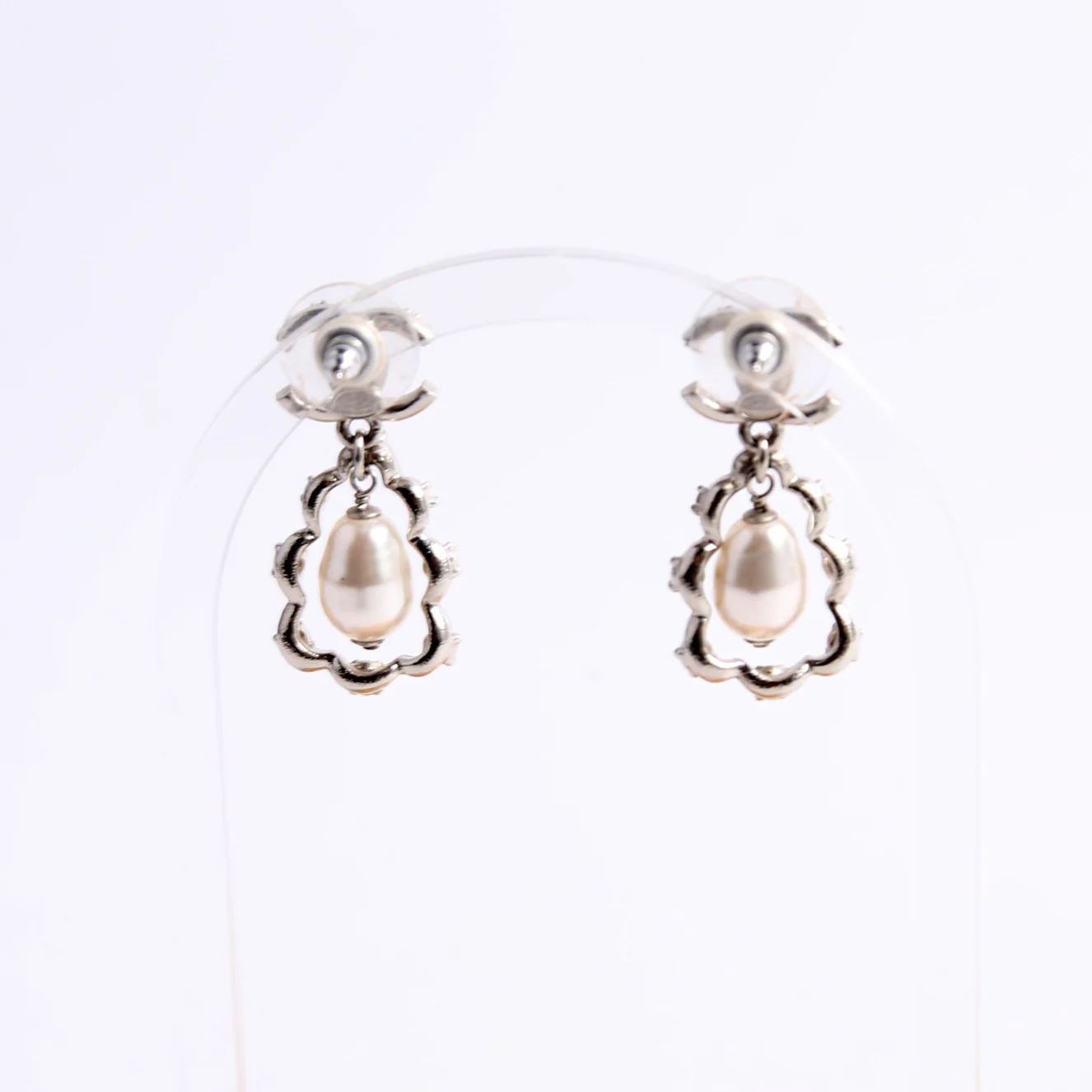 Crystal CC Pearl Drop Earrings Silver - Image 3