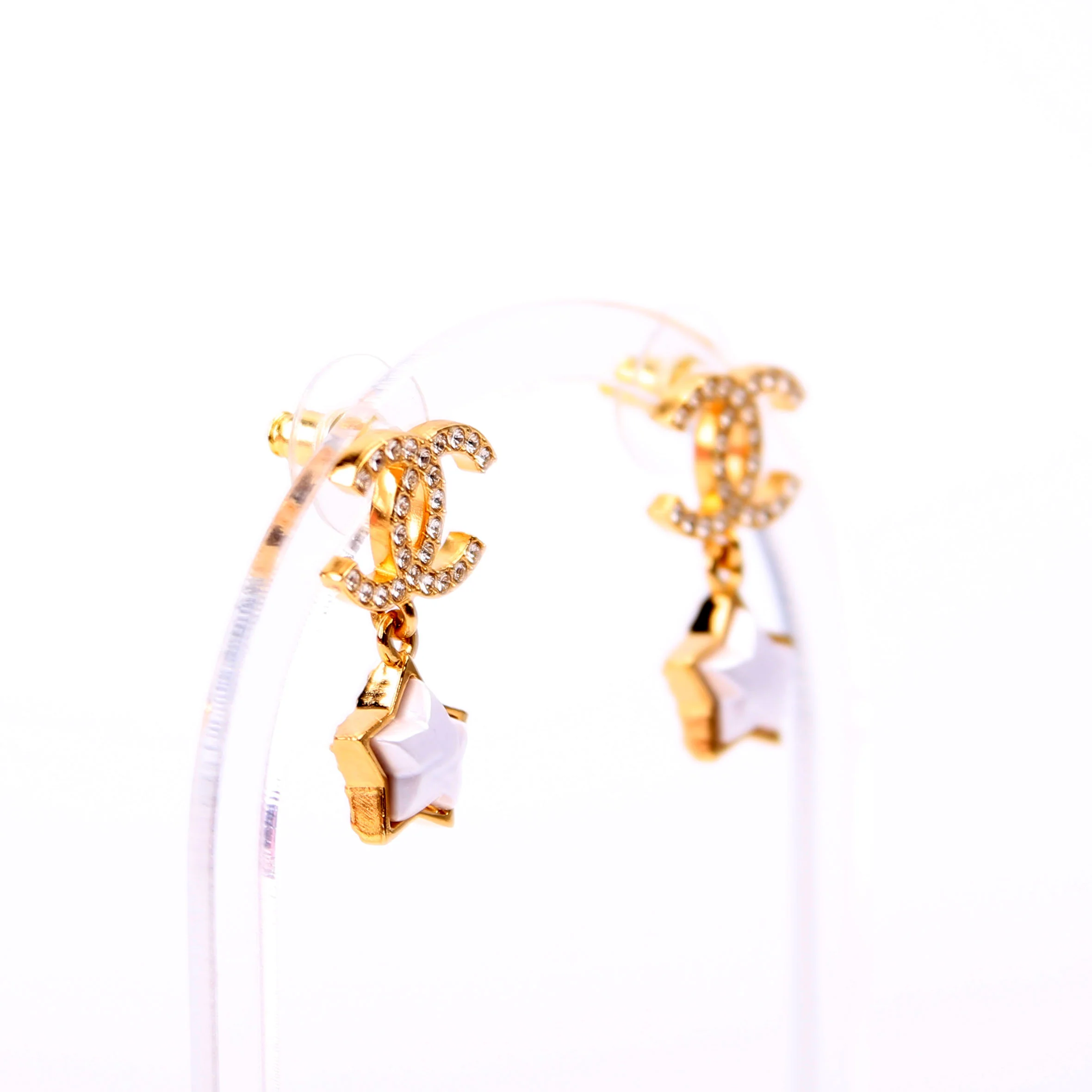 Crystal CC Star Pearl Drop Stud Earrings Gold - Image 5
