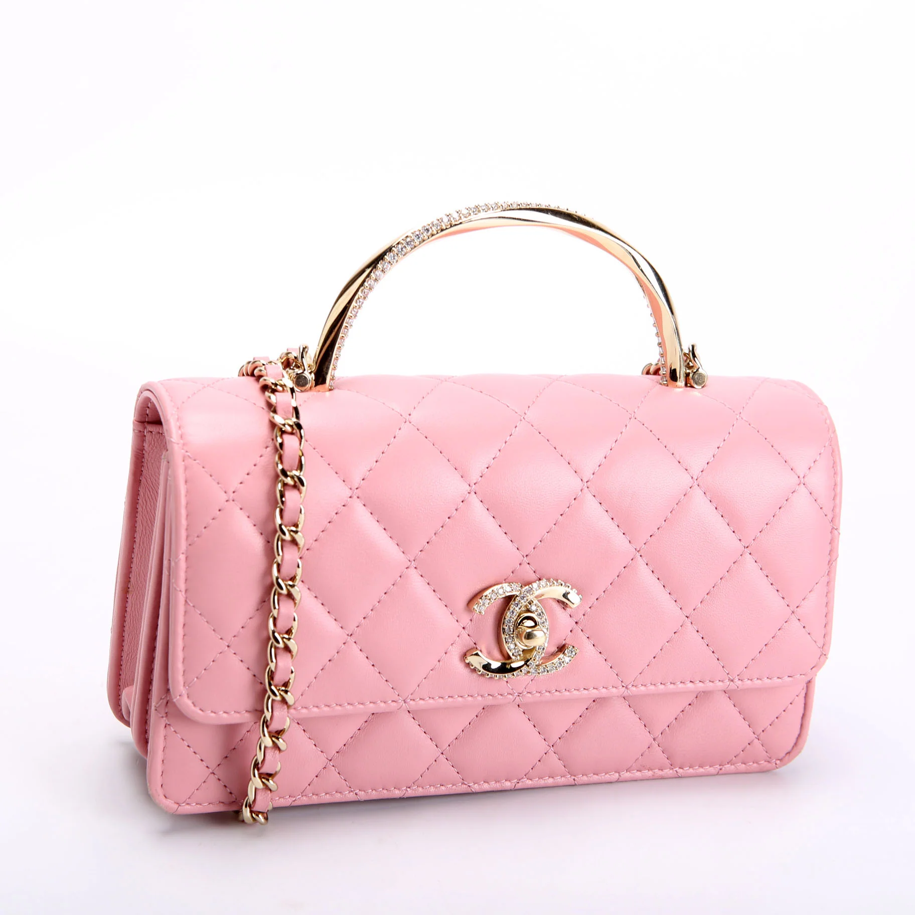 Crystal CC Top Handle Phone Holder Lambskin (RFID) Pink/Gold - Image 2