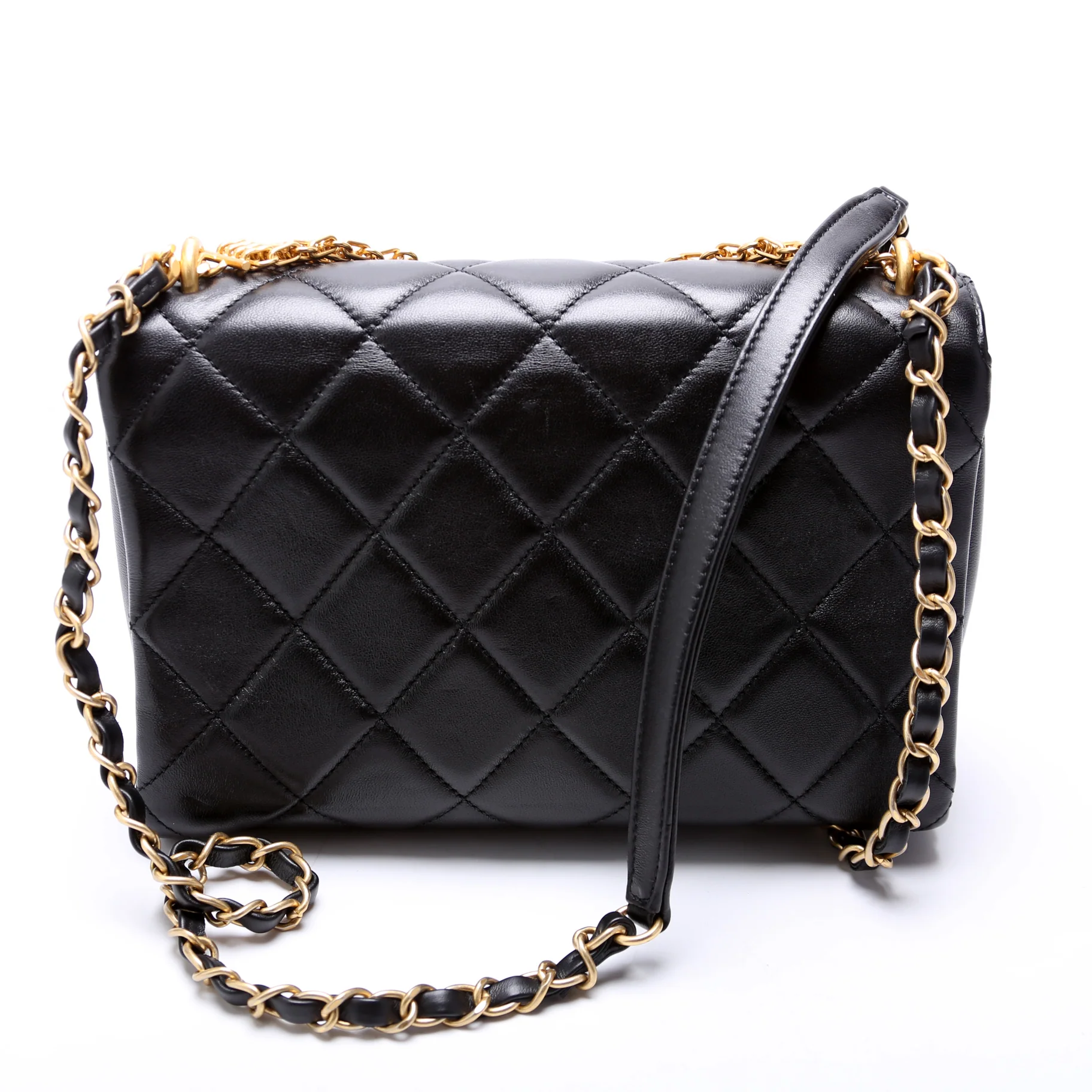 Crystal Logo Chain Top Handle Flap Bag Small Quilted Lambskin RFID Black - Image 3