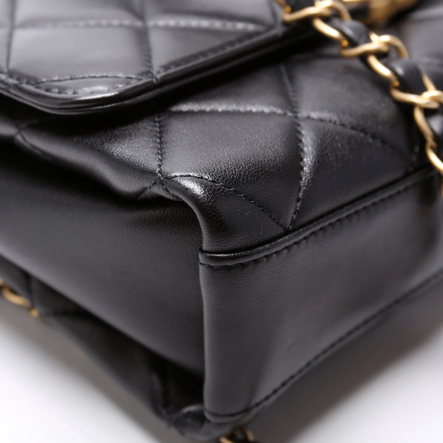 Crystal Logo Chain Top Handle Flap Bag Small Quilted Lambskin RFID Black - Image 5