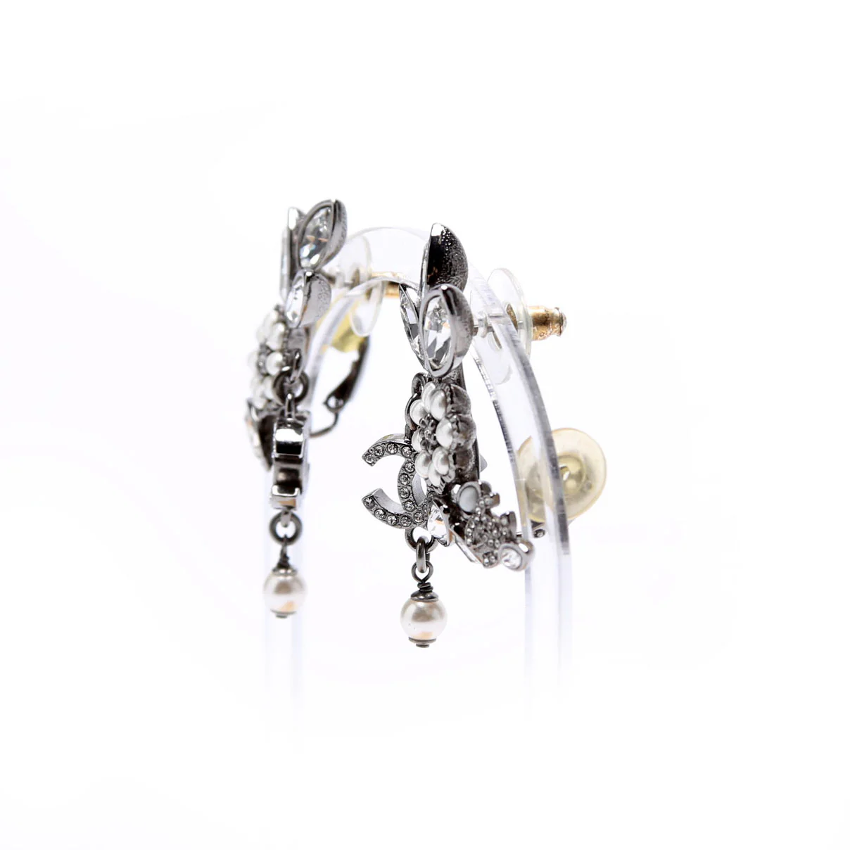 Crystal Pearly Flower Cluster Drop Silver/Pearl - Image 2