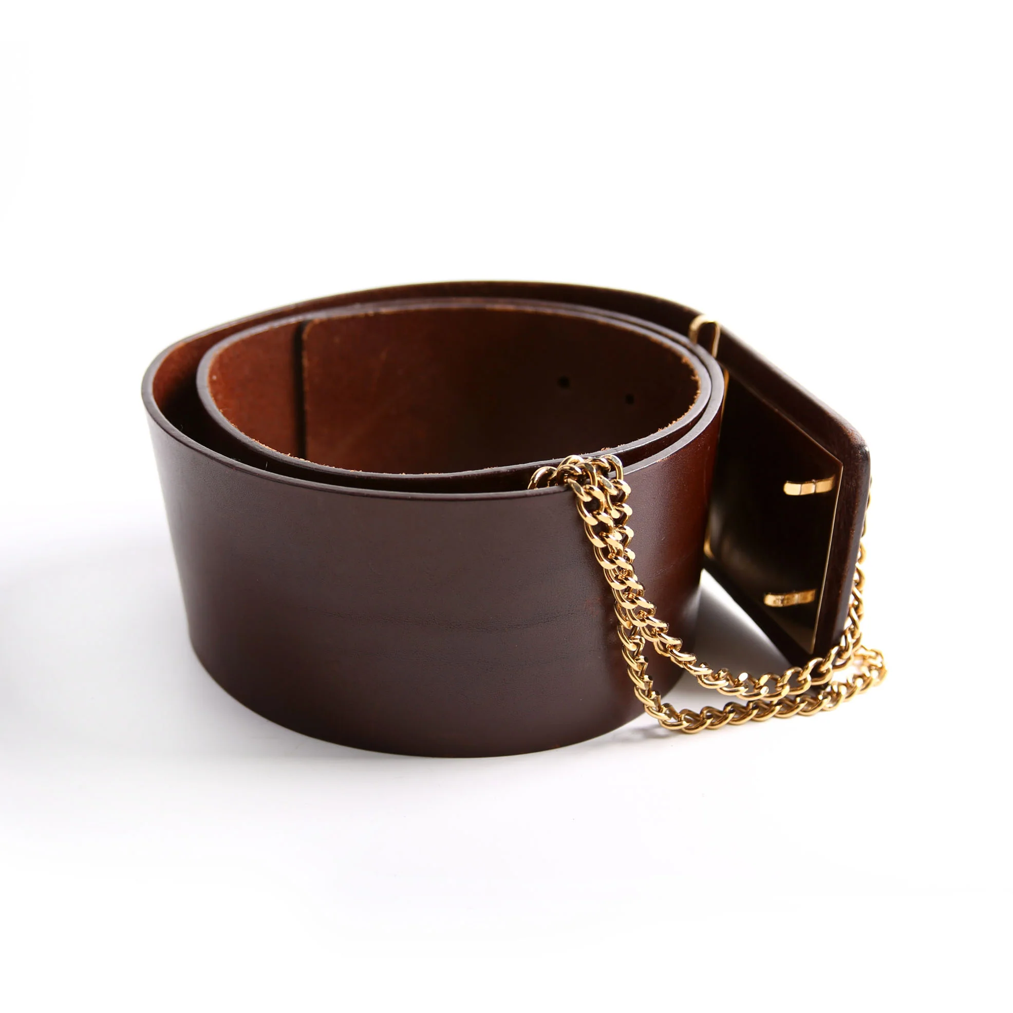 Double Sliding Lock Chain Wide Leather Belt Size 95/38 Brown/Gold - Image 4