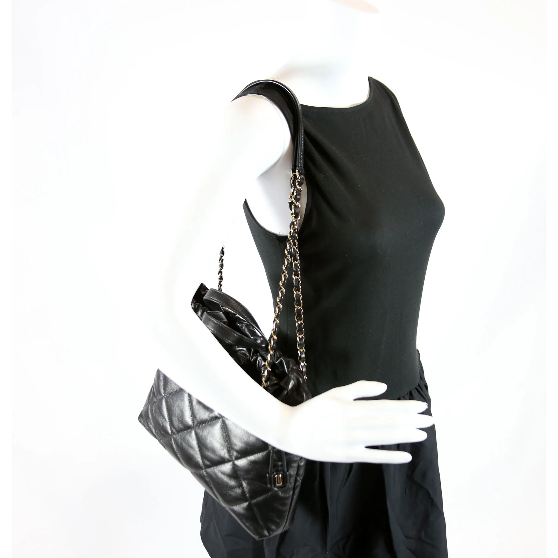 Drawstring Shopping Bag Small Lambskin 28M Black - Image 11