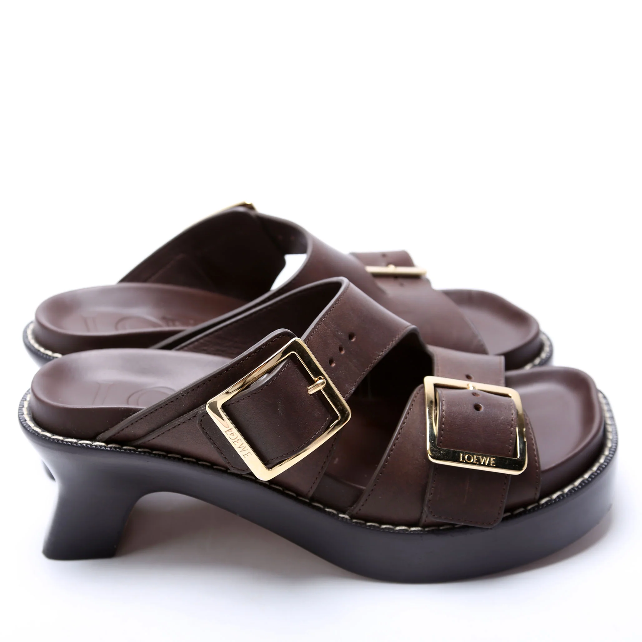Ease Buckled Leather Heeled Sandals Size 39 Brown - Image 3