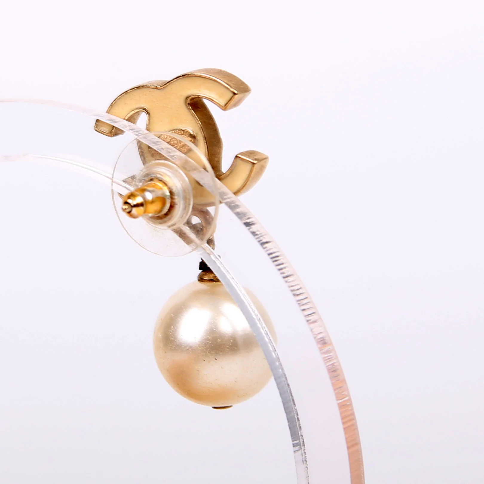 Enamel CC Pearl Drop Earrings Champagne - Image 5