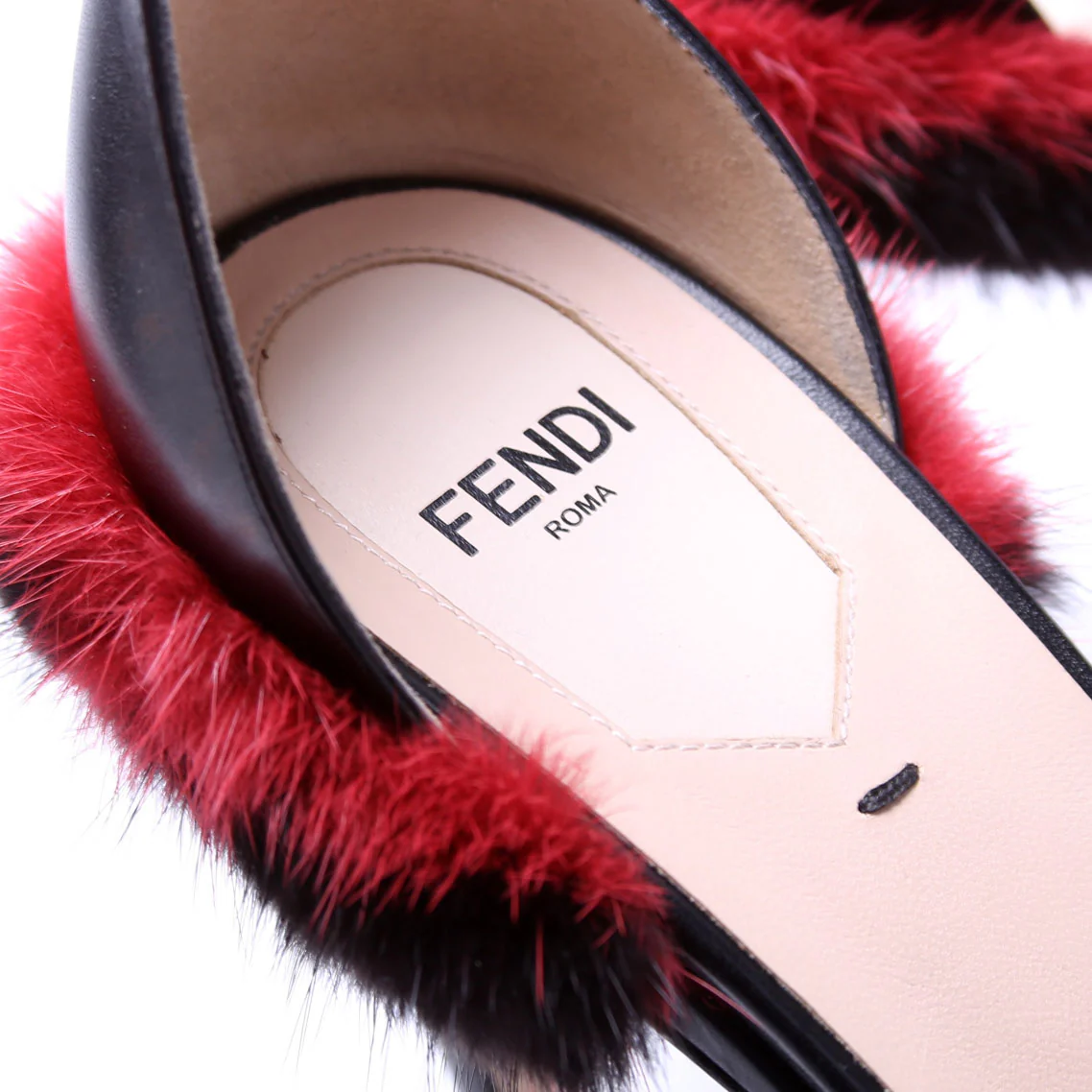 FF Mink Fur Ankle Strap Sandals Size 40 Black/Red - Image 6