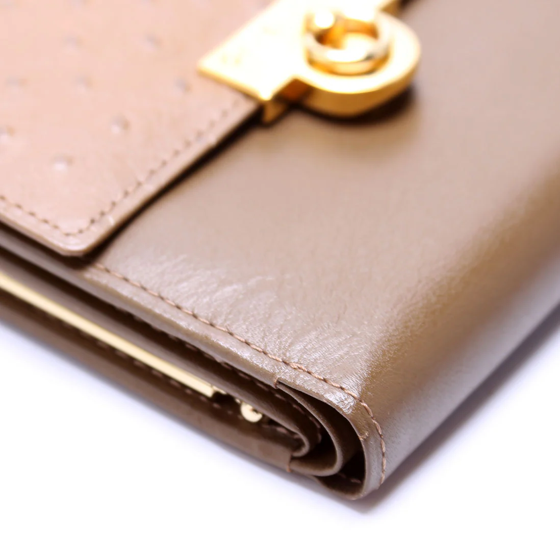 French Purse Wallet Ostrich Embossed and Smooth Leather Vintage Green - Image 5