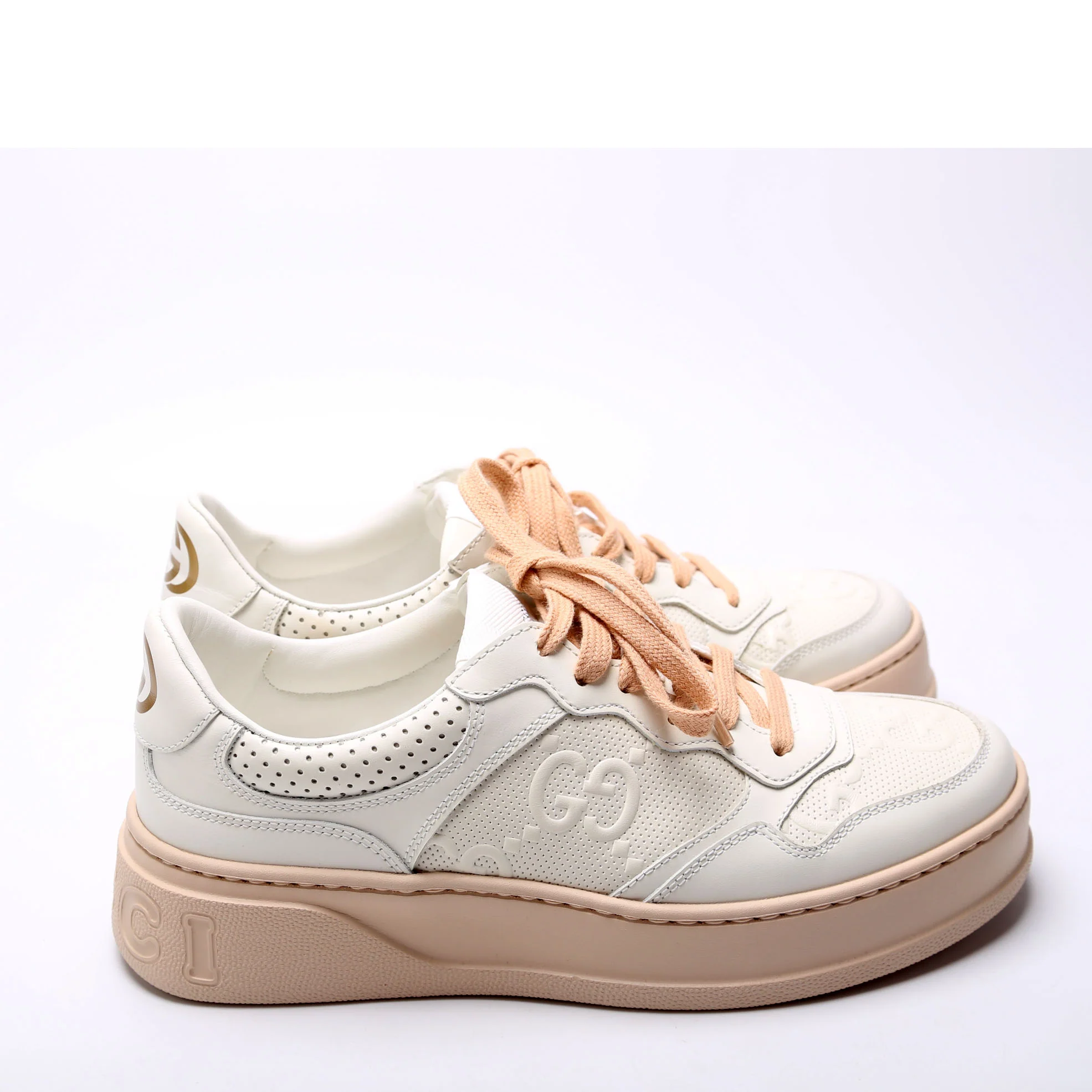 GG Embossed Leather Sneakers Size 38 White/Peach - Image 3