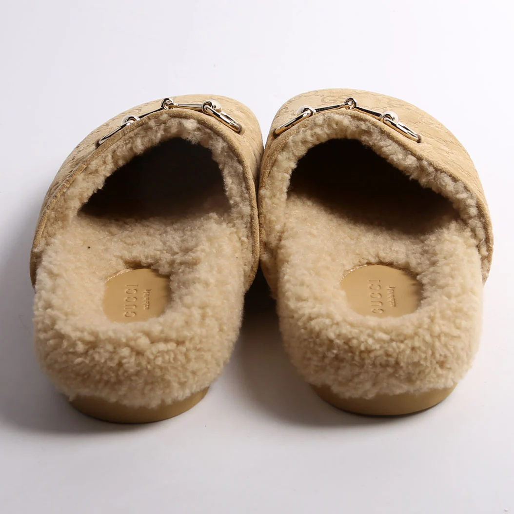 GG Suede/Shearling Horsebit Mules Size 38 - Image 4