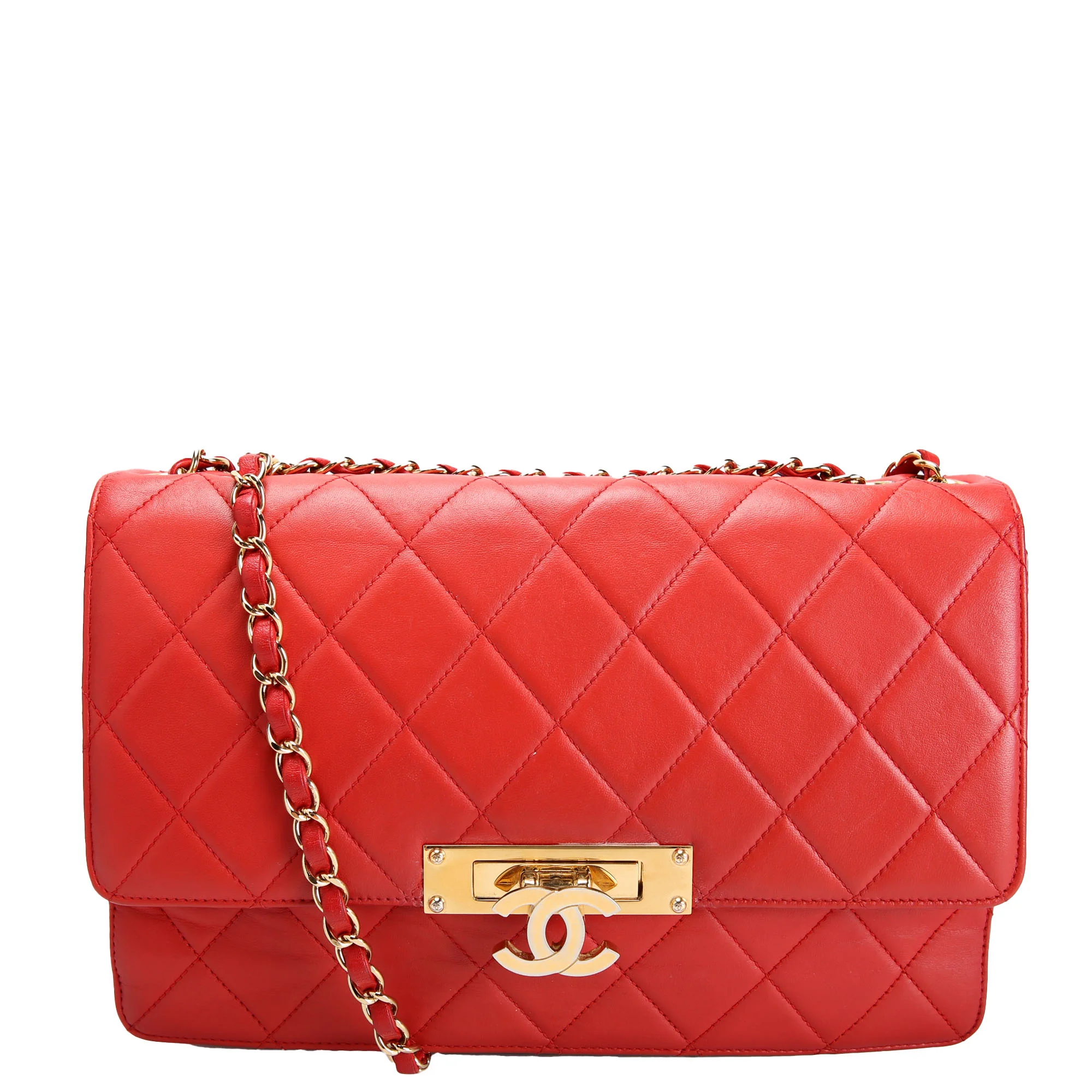Golden Class Large Flap Bag Quilted Lambskin 19M Red