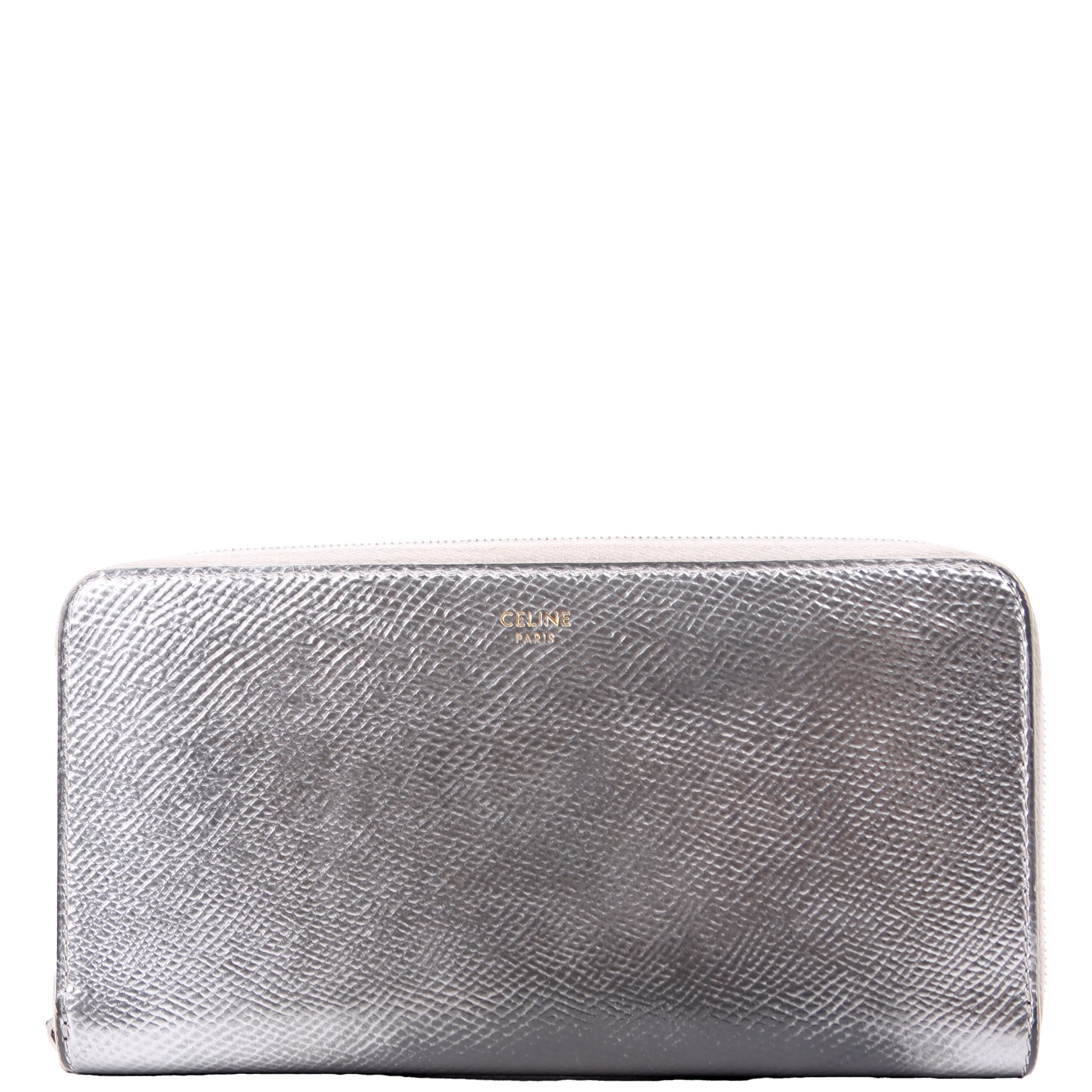 Grain Calfskin Laminated Zip Around Wallet Silver