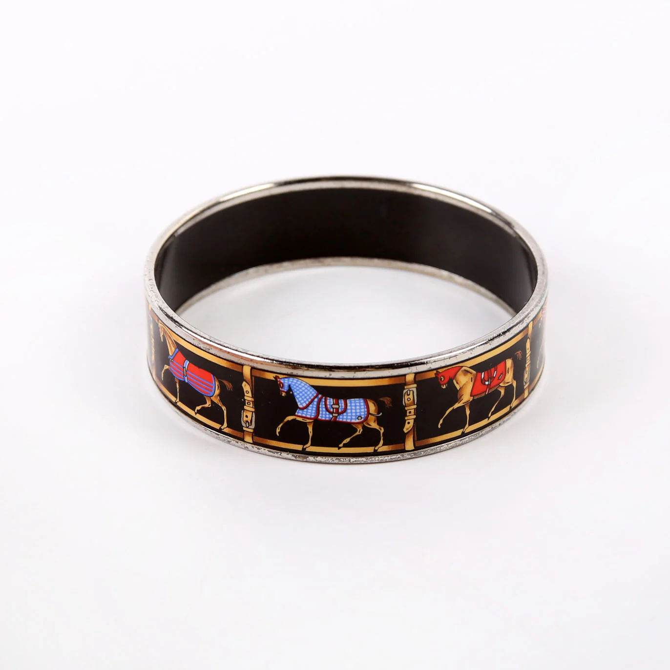 Horse Riding Printed Enamel Wide Bangle Bracelet Black/Multicolor - Image 3