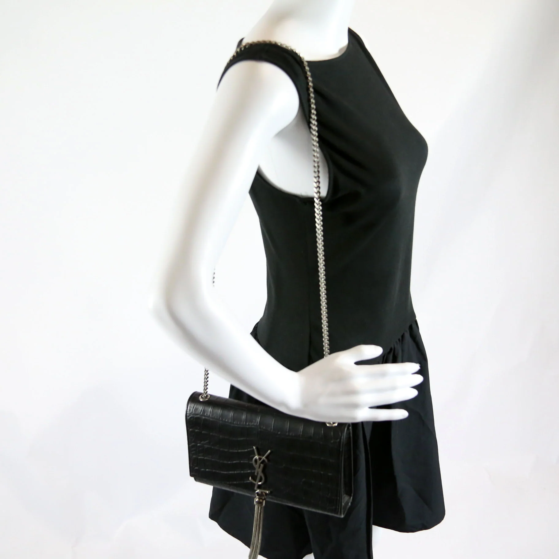 Kate Tassel Satchel Medium Crocodile Embossed 352119 Black - Image 10