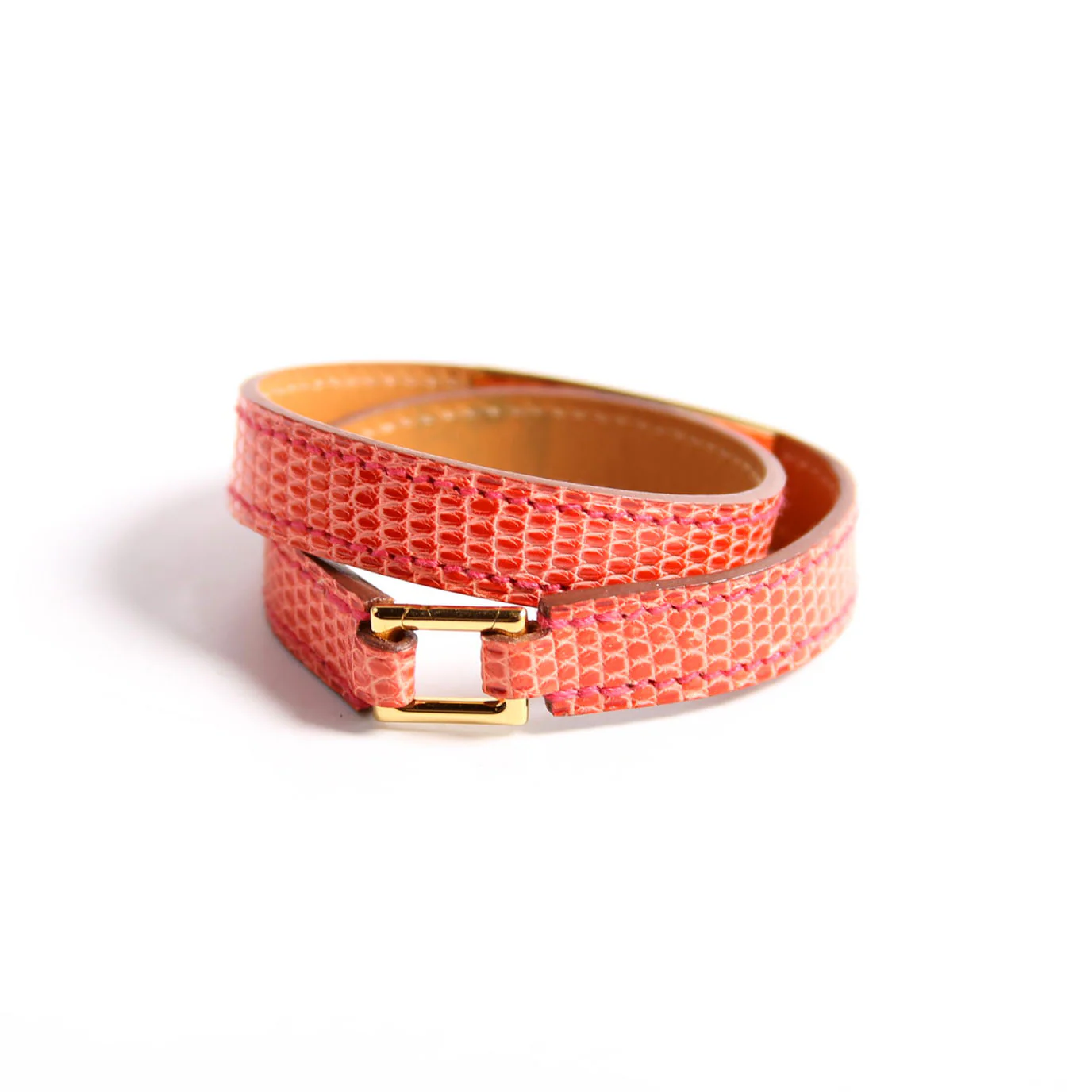 Kelly Double Tour Lizard Leather Bracelet Pink/Gold - Image 3