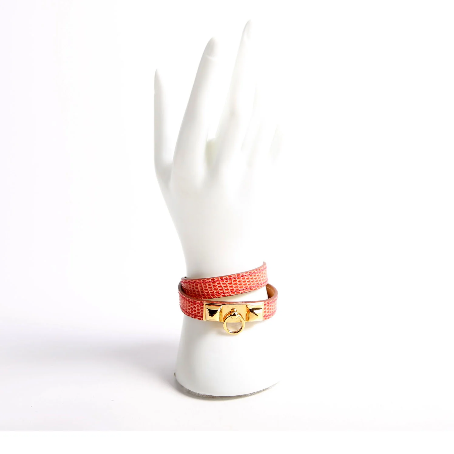 Kelly Double Tour Lizard Leather Bracelet Pink/Gold - Image 6