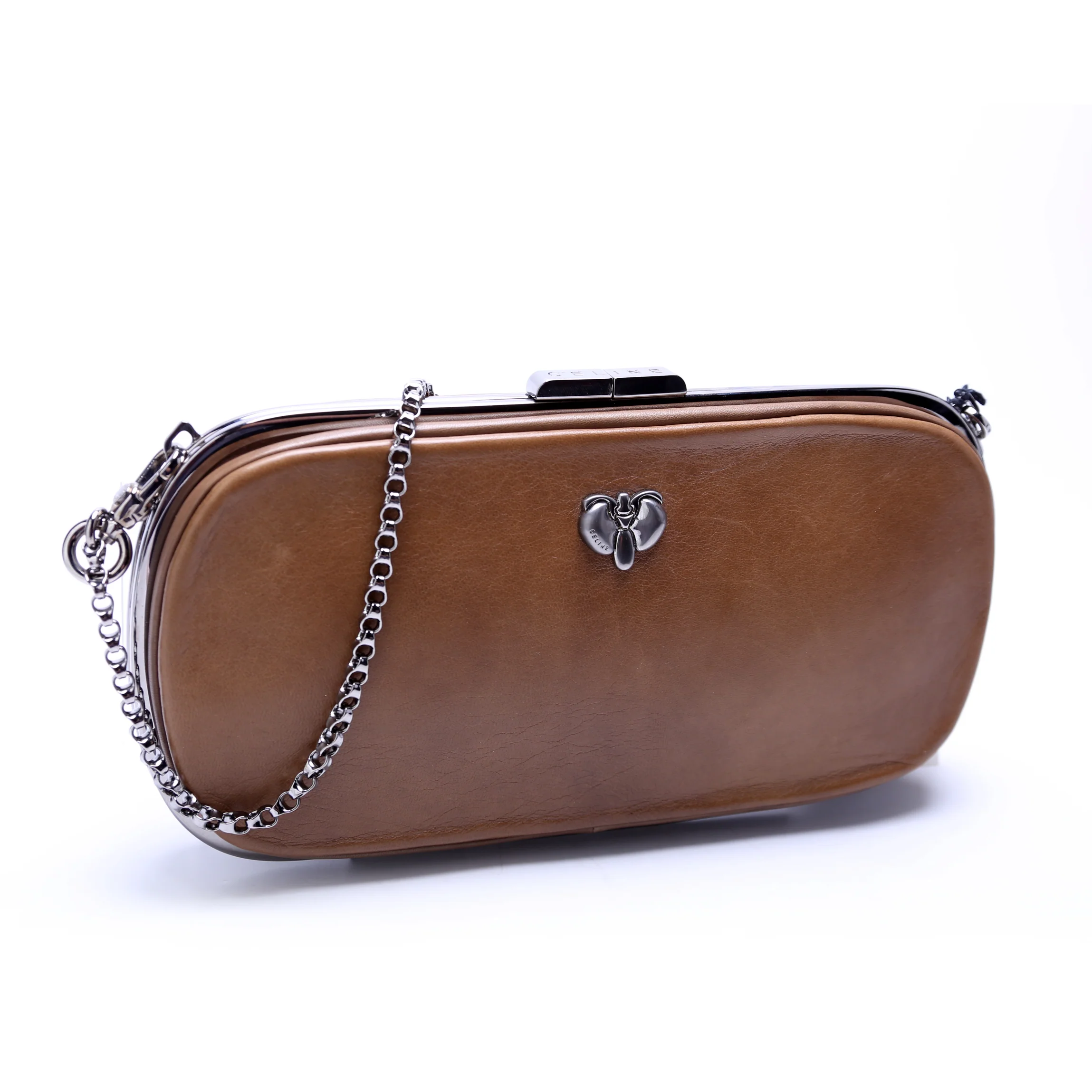 Kiss Lock Chain Clutch Leather Vintage Brown - Image 2