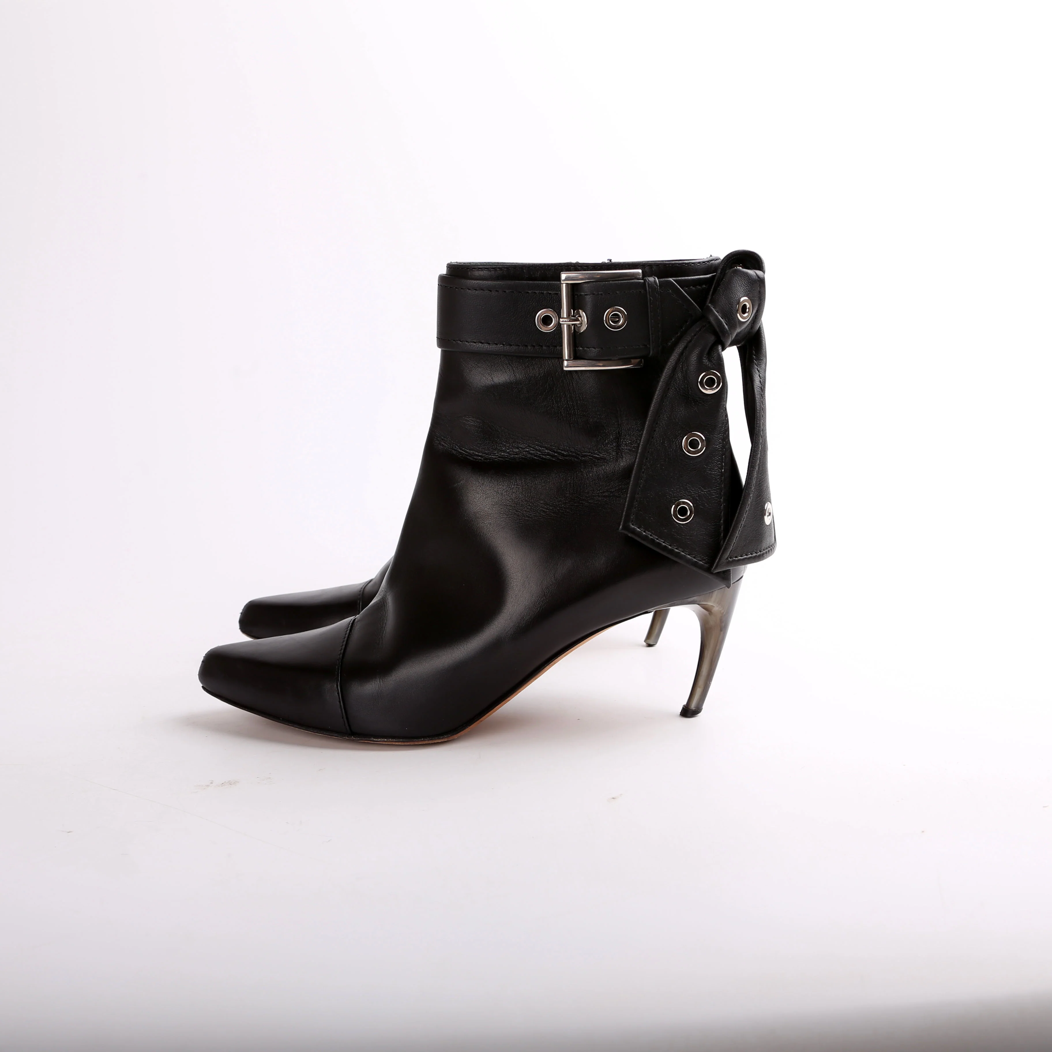 Leather Buckle Biker Heeled Booties Size 37.5 - Image 2
