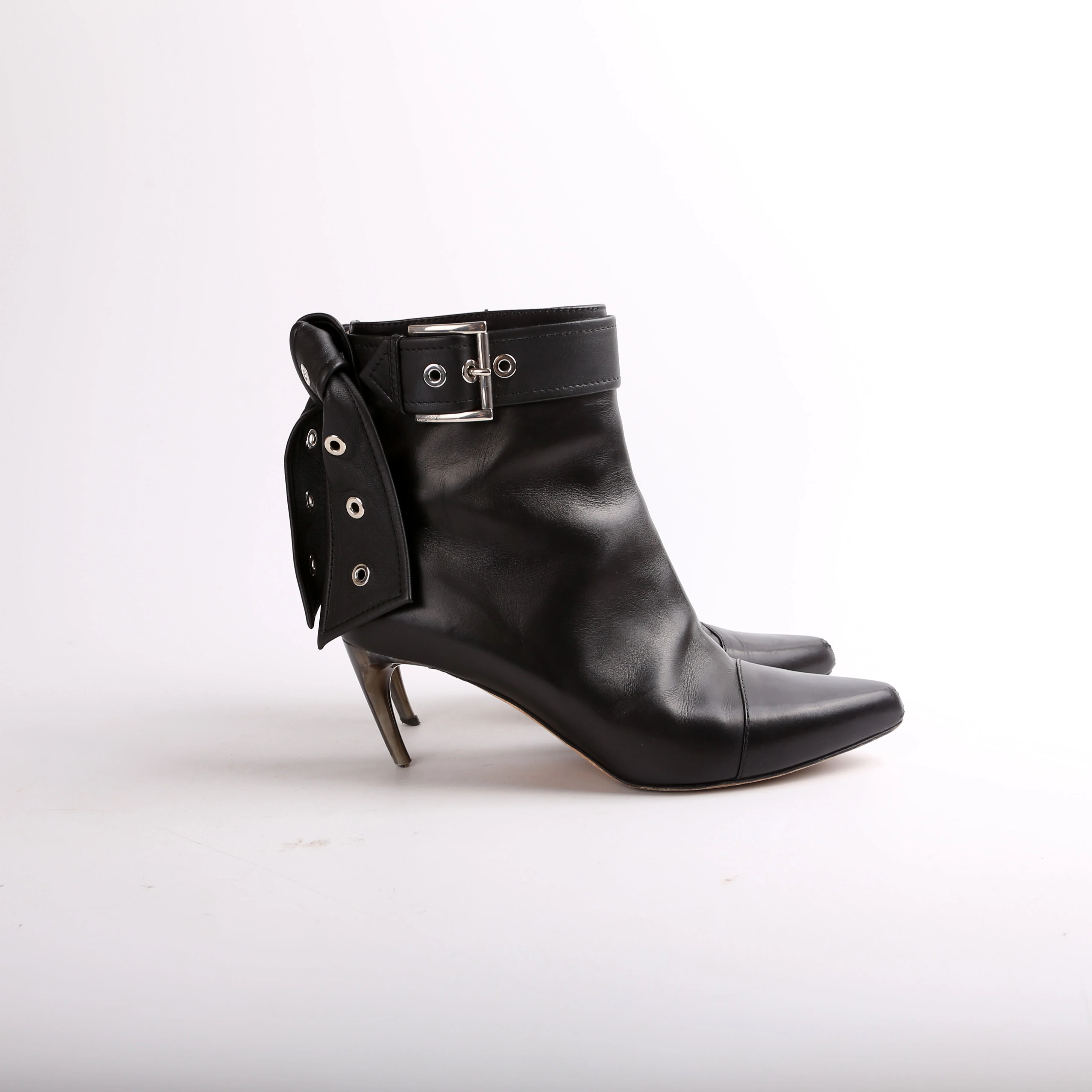 Leather Buckle Biker Heeled Booties Size 37.5 - Image 3