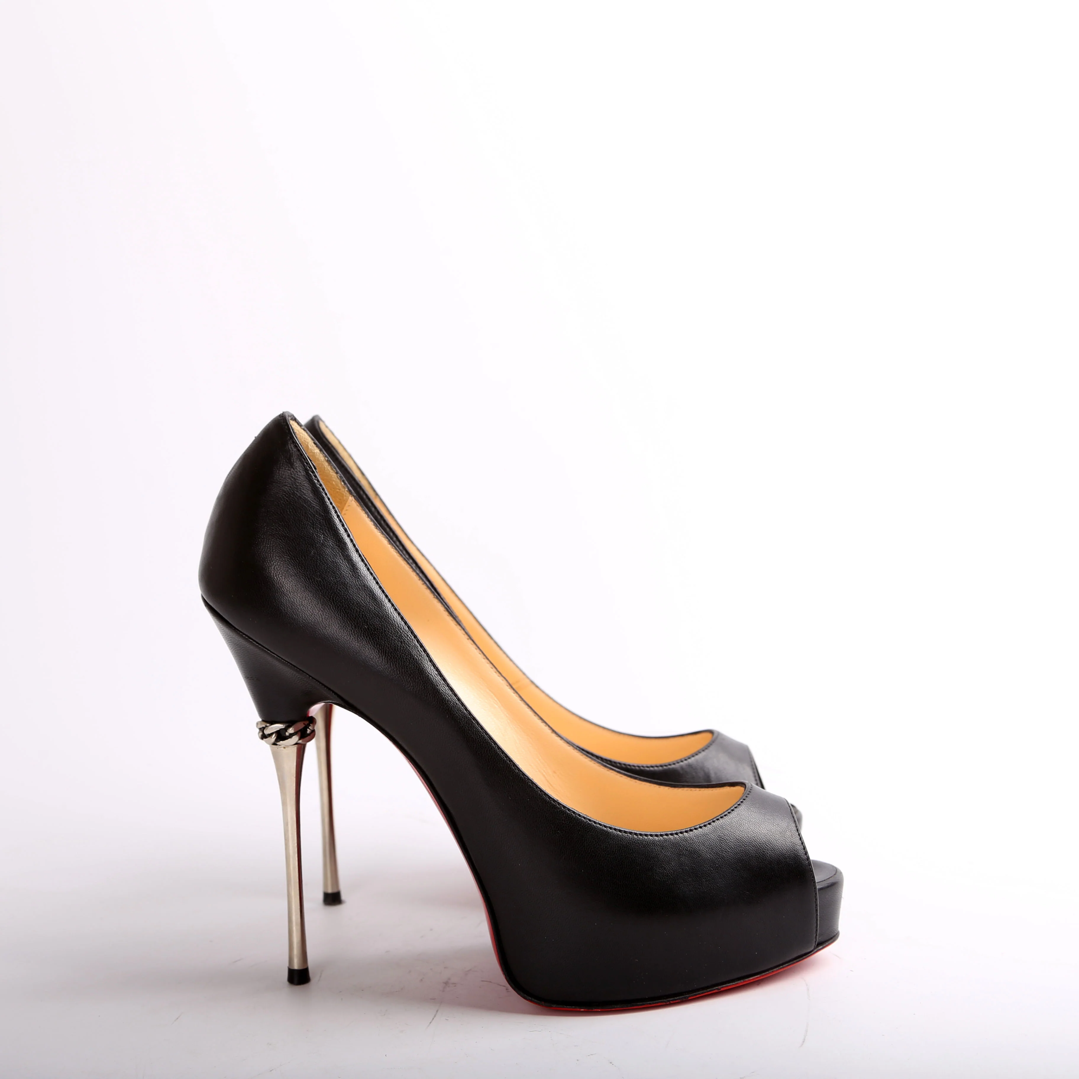 Leather Miss Desprez Chain Metal Heel Peep Toe Pumps Size 36 - Image 3