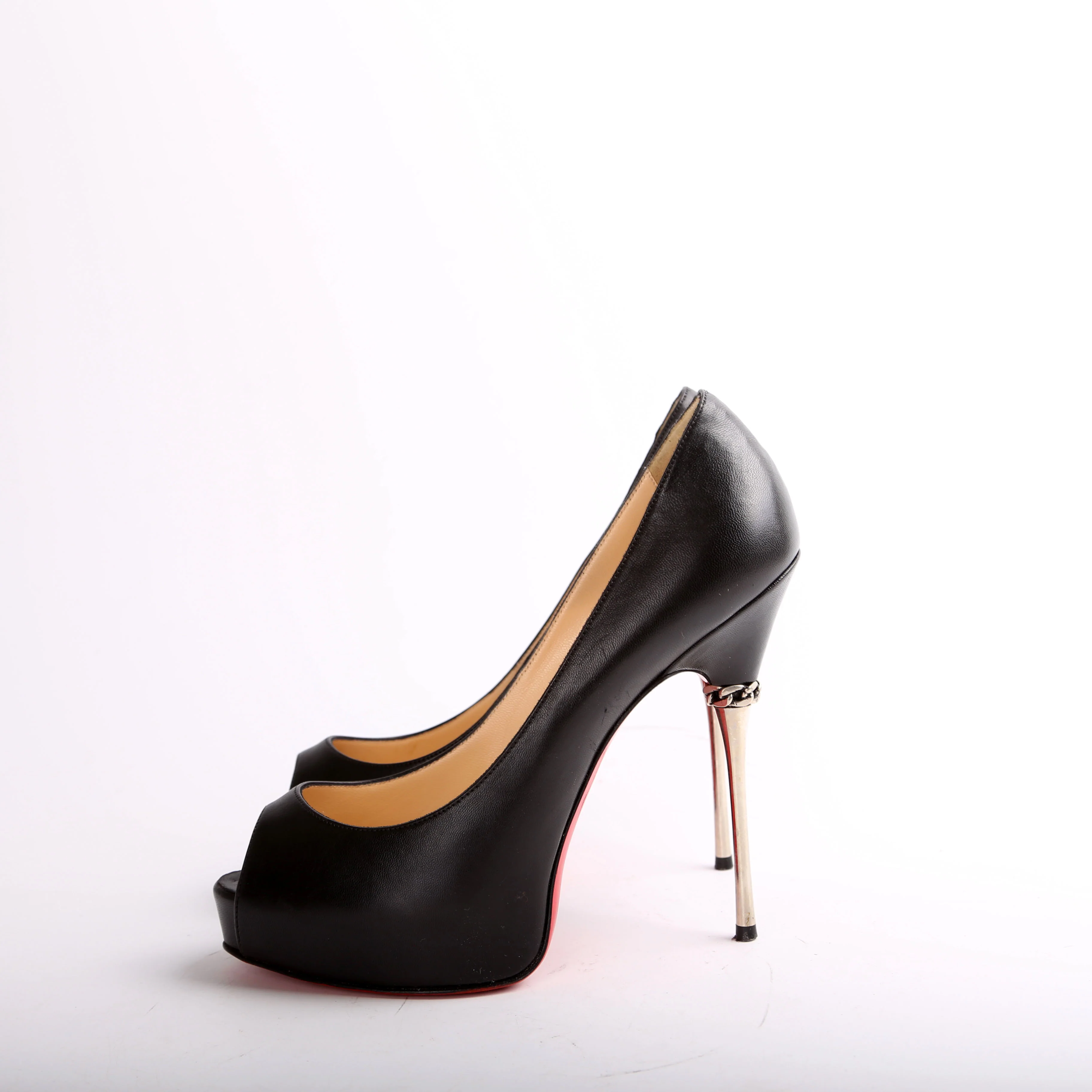 Leather Miss Desprez Chain Metal Heel Peep Toe Pumps Size 36 - Image 5