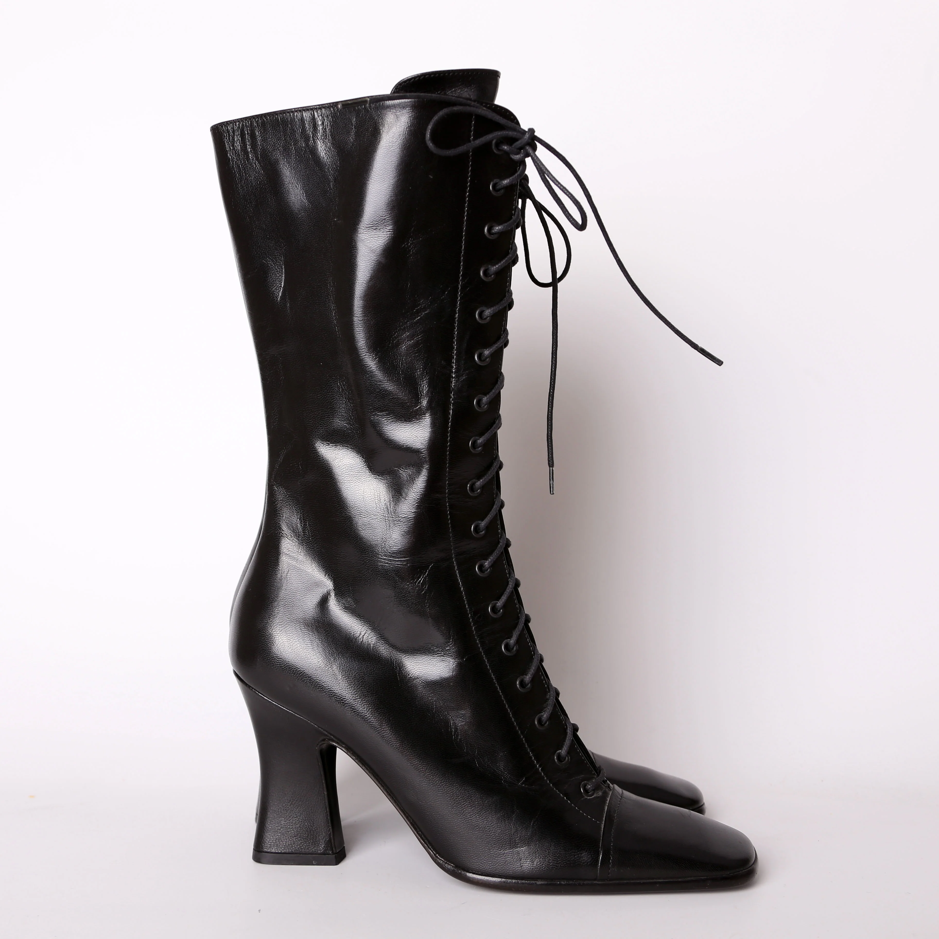 Leather Square Toe Tie Up Boots Size 38.5 - Image 3