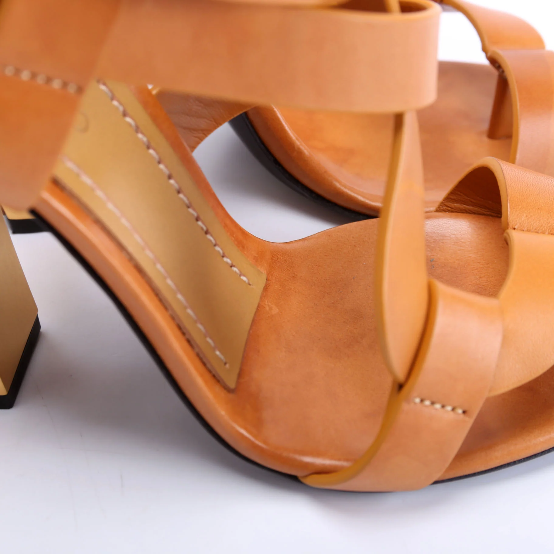 Leather Strappy Block Heels Size 40 Tan - Image 5