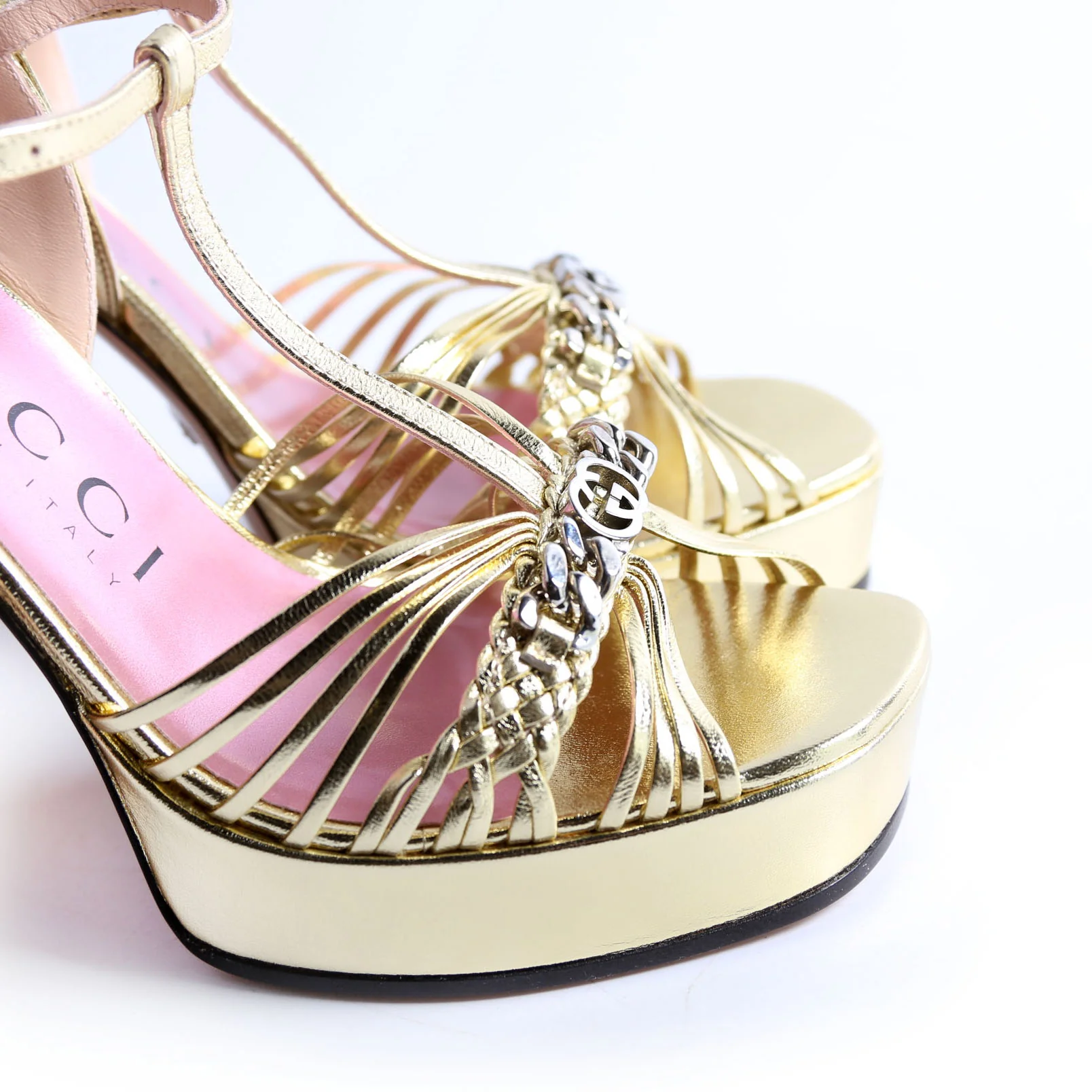 Logo Chain Strappy Platform Sandal Heels - Image 12