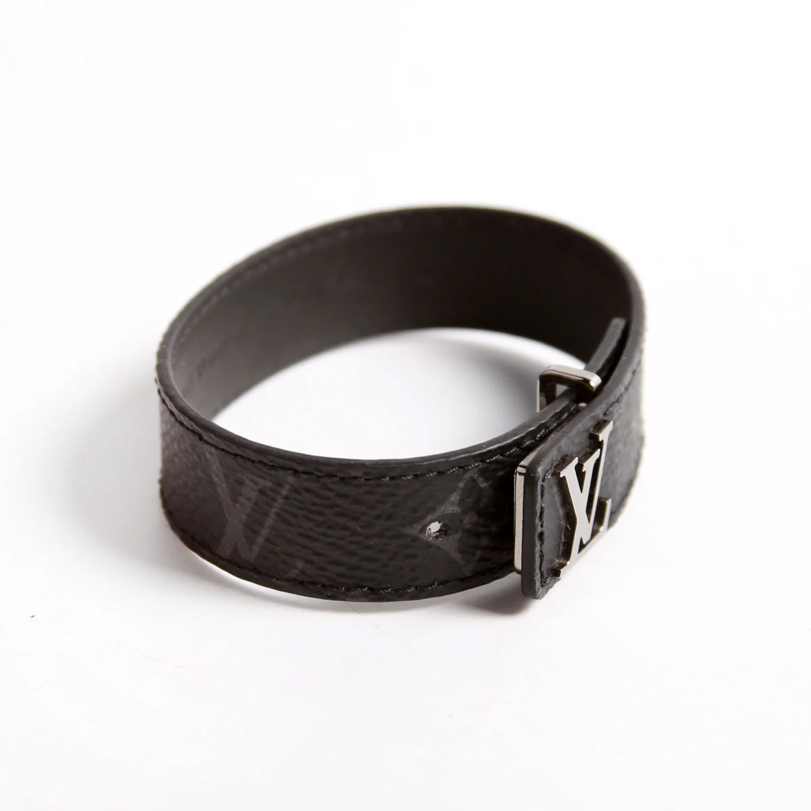 LV Slim Monogram Eclipse Monogram Leather Bracelet Size 19 - Image 4