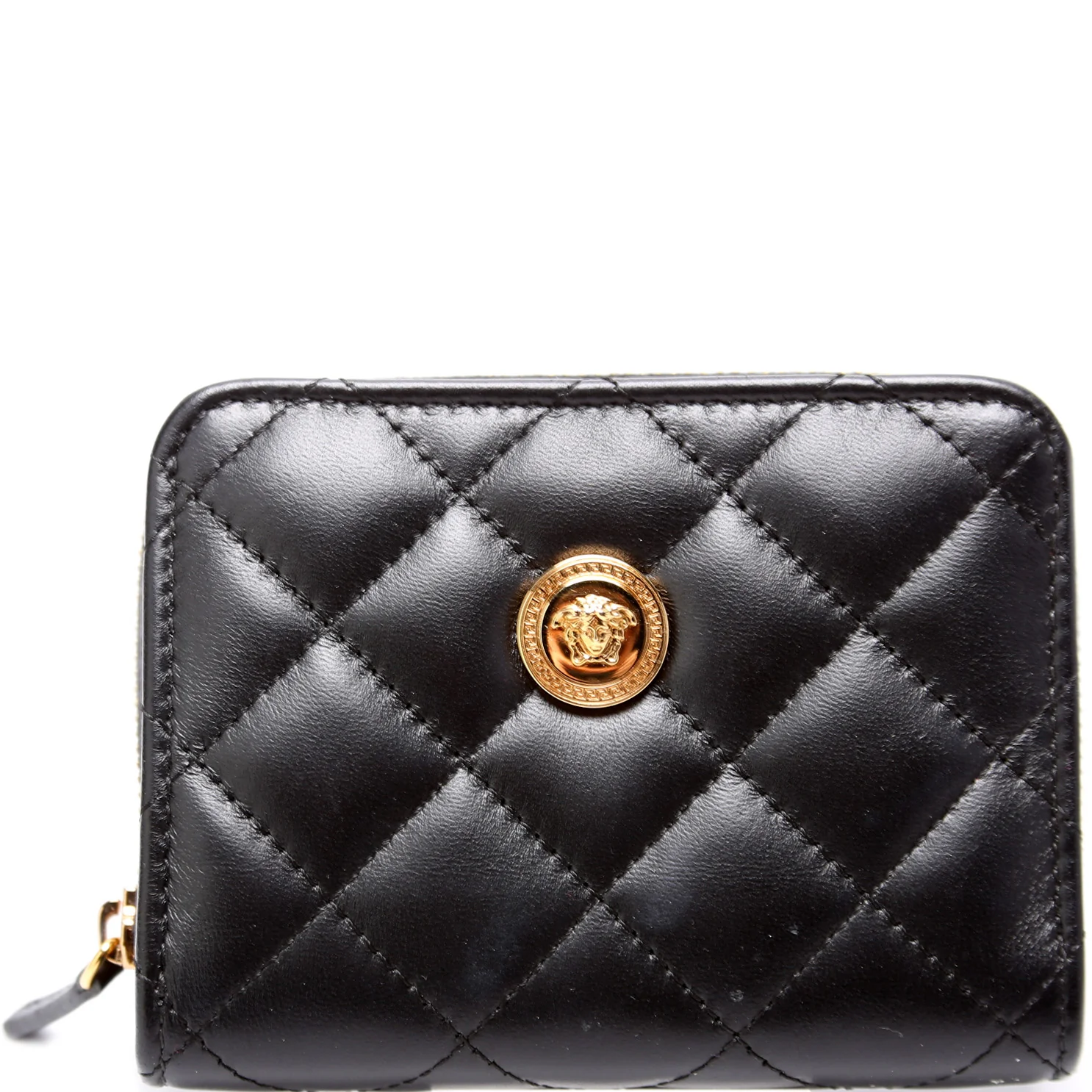 Medusa Quilted Leather Bifold Zip Around Wallet Black