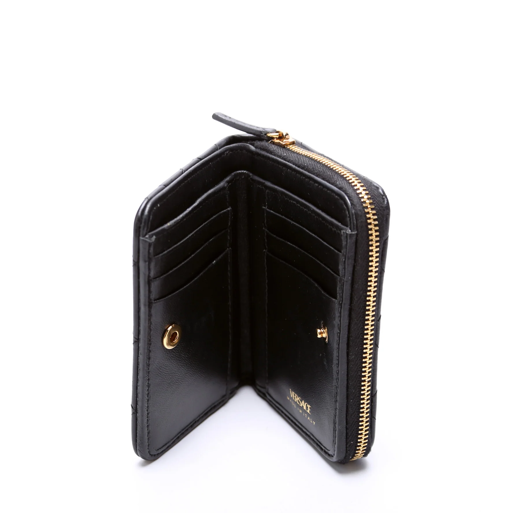Medusa Quilted Leather Bifold Zip Around Wallet Black - Image 7