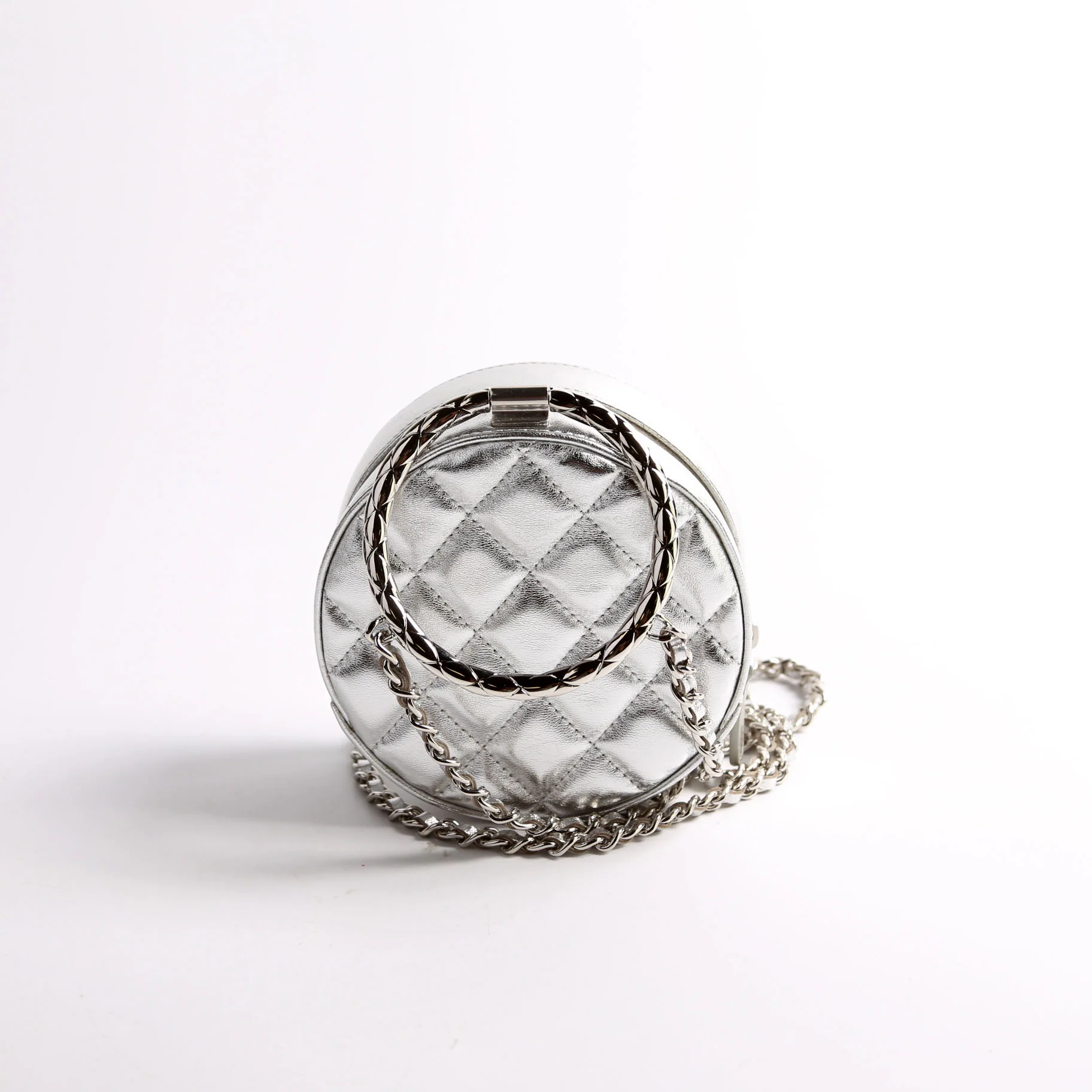 Metallic Quilted Round Bracelet Clutch With Chain Silver - Image 2