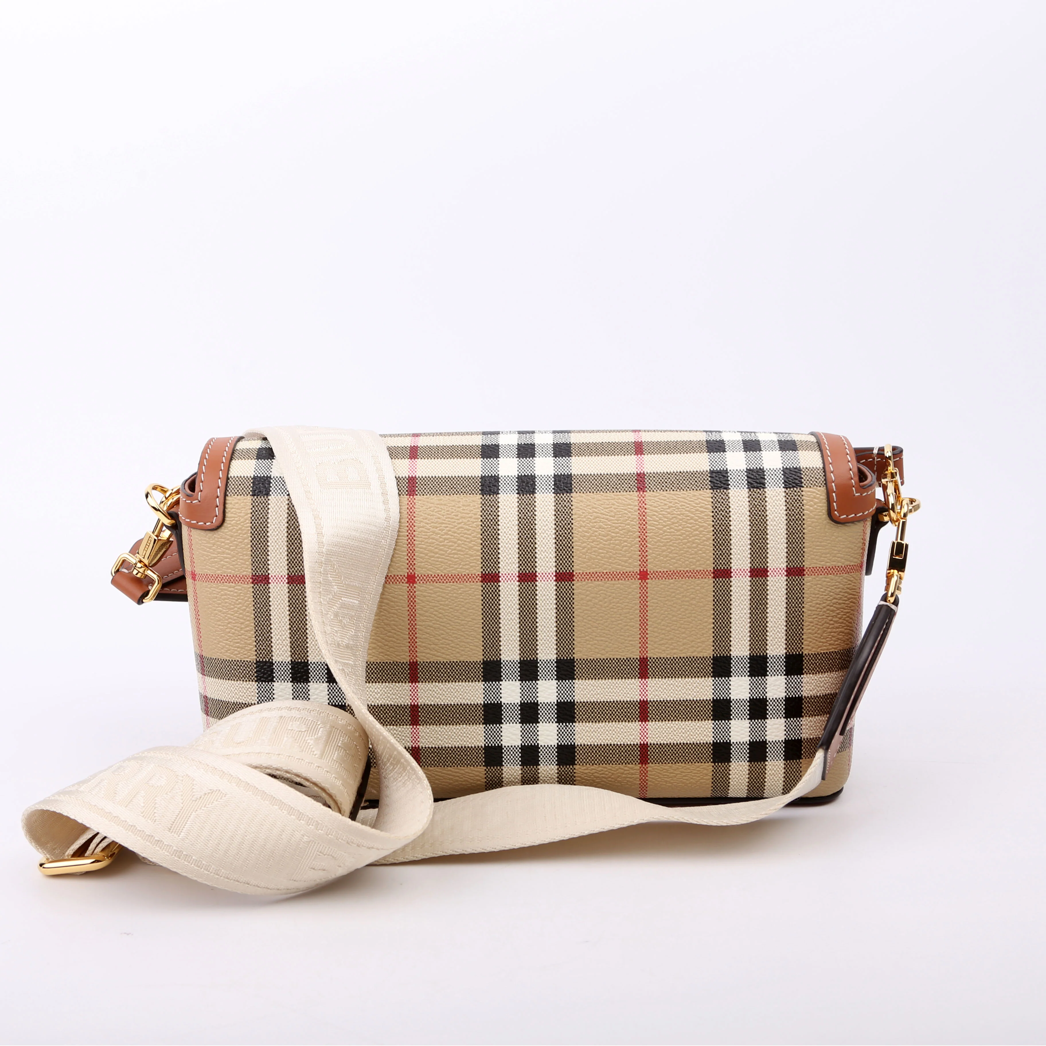 Note Top Handle Crossbody Check Coated Canvas Brown - Image 3