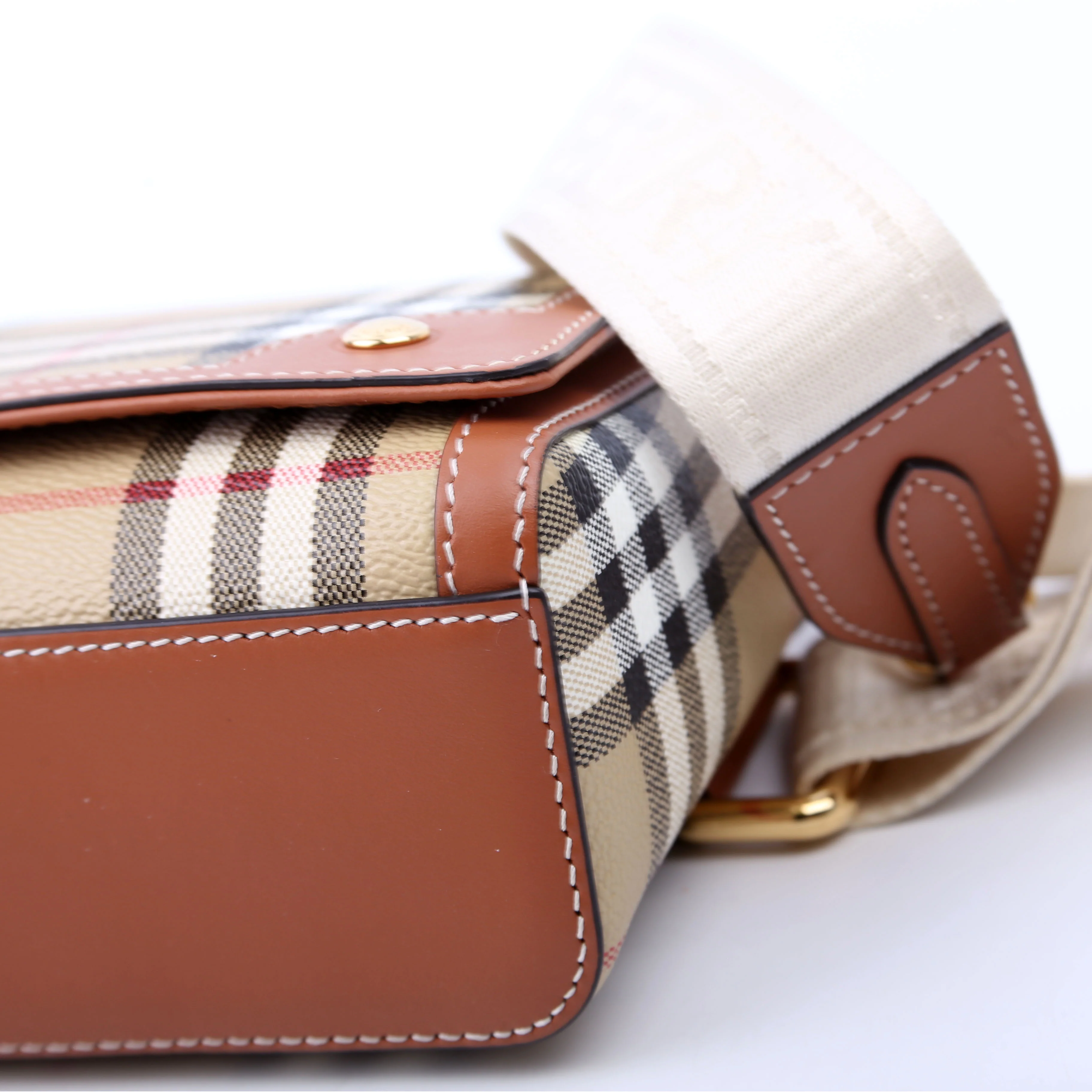 Note Top Handle Crossbody Check Coated Canvas Brown - Image 6