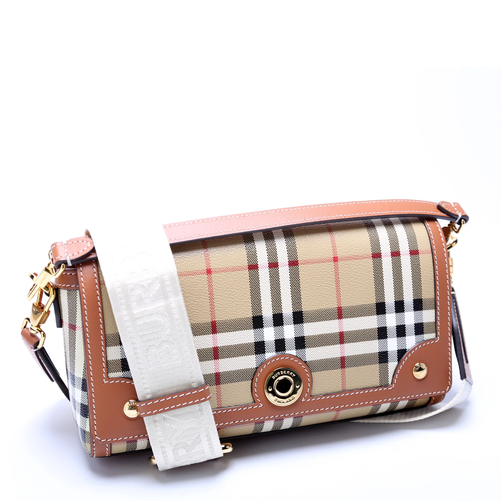 Note Top Handle Crossbody Check Coated Canvas Brown - Image 2