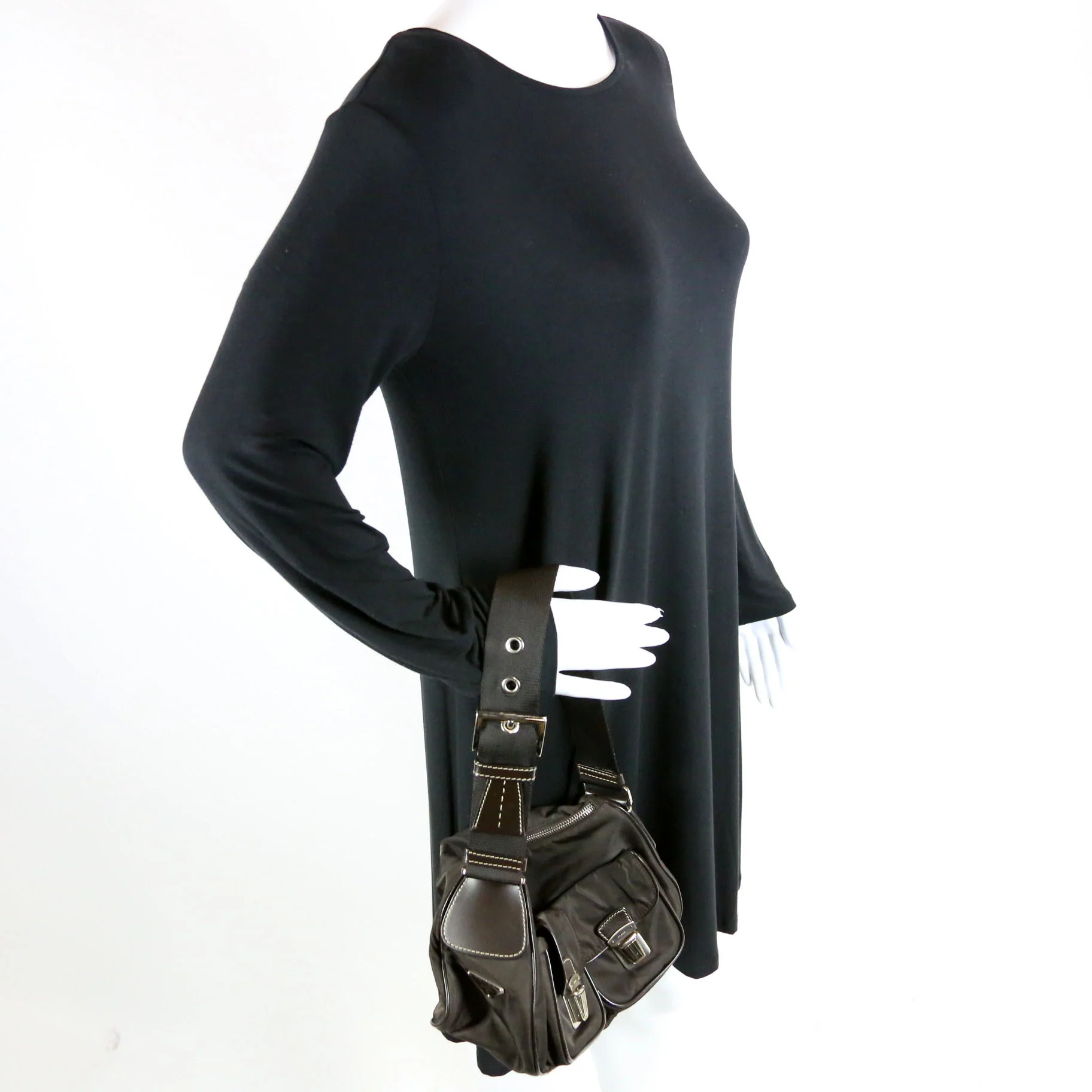 Nylon Double Pocket Shoulder Bag Vintage Brown - Image 9