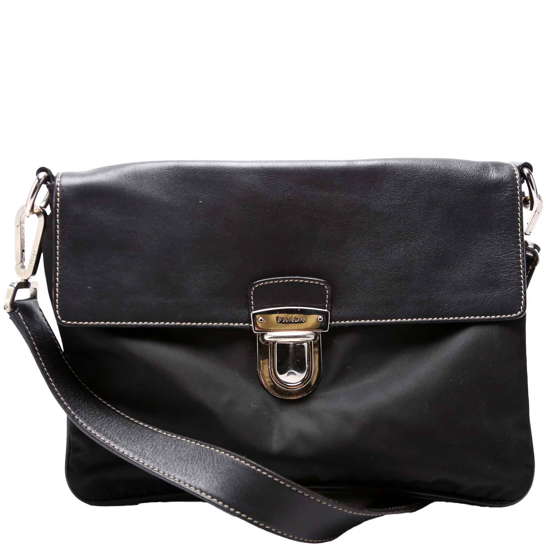 Nylon/Leather Pushlock Shoulder Bag