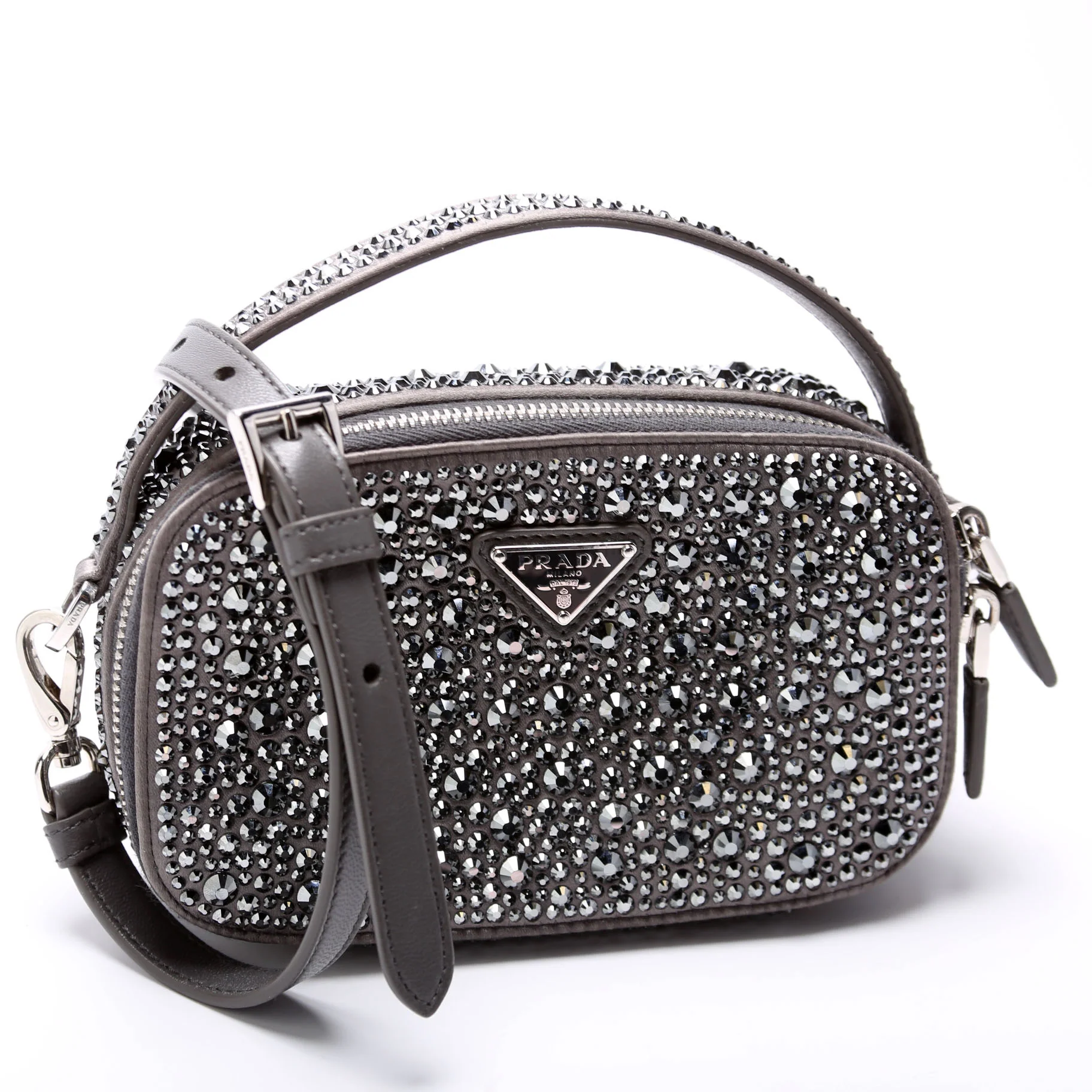 Odette Satin Crystal Triangle Logo Mini Crossbody Grey - Image 2