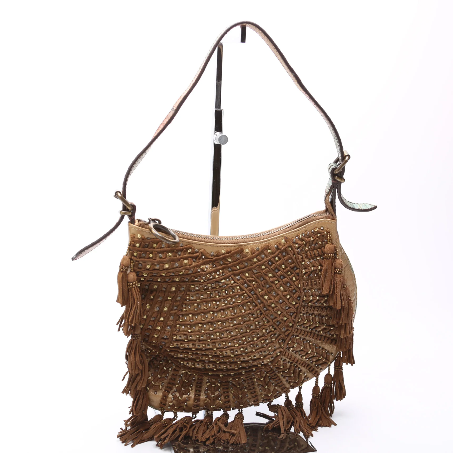 Oyster Hobo Small Beaded Suede Tassel Leather w/ Lizard - Image 2
