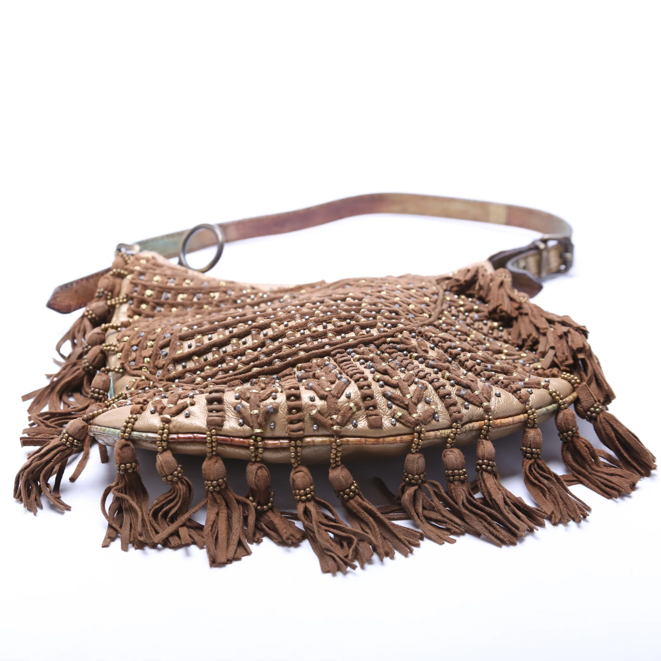 Oyster Hobo Small Beaded Suede Tassel Leather w/ Lizard - Image 4