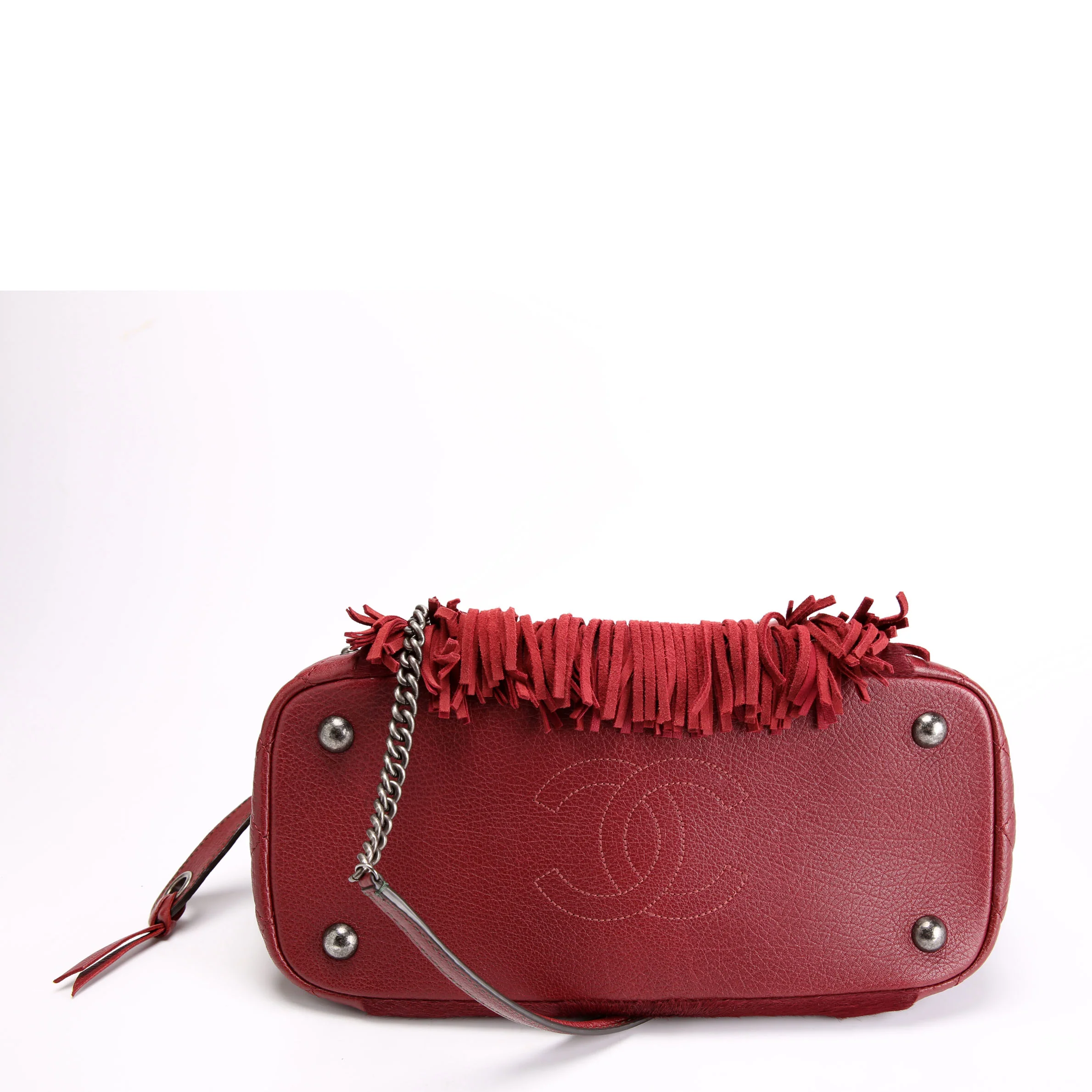 Paris Dallas Pony Hair/Leather Fringe Bowling Bag Burgundy - Image 4